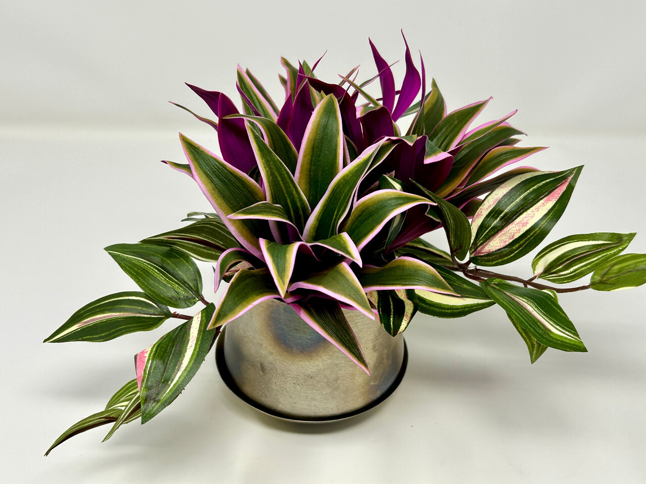 7.5″ Artificial Purple/Pink TRADESCANTIA Silk potted plants in Silver Metal Pot