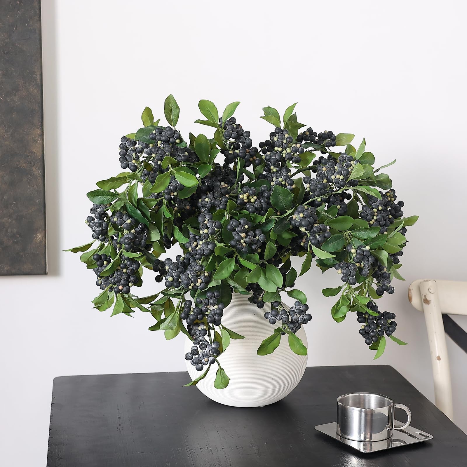 4Pcs 33″Artificial Blueberry Stems, Faux Blueberries Fruit Branch(Blue)
