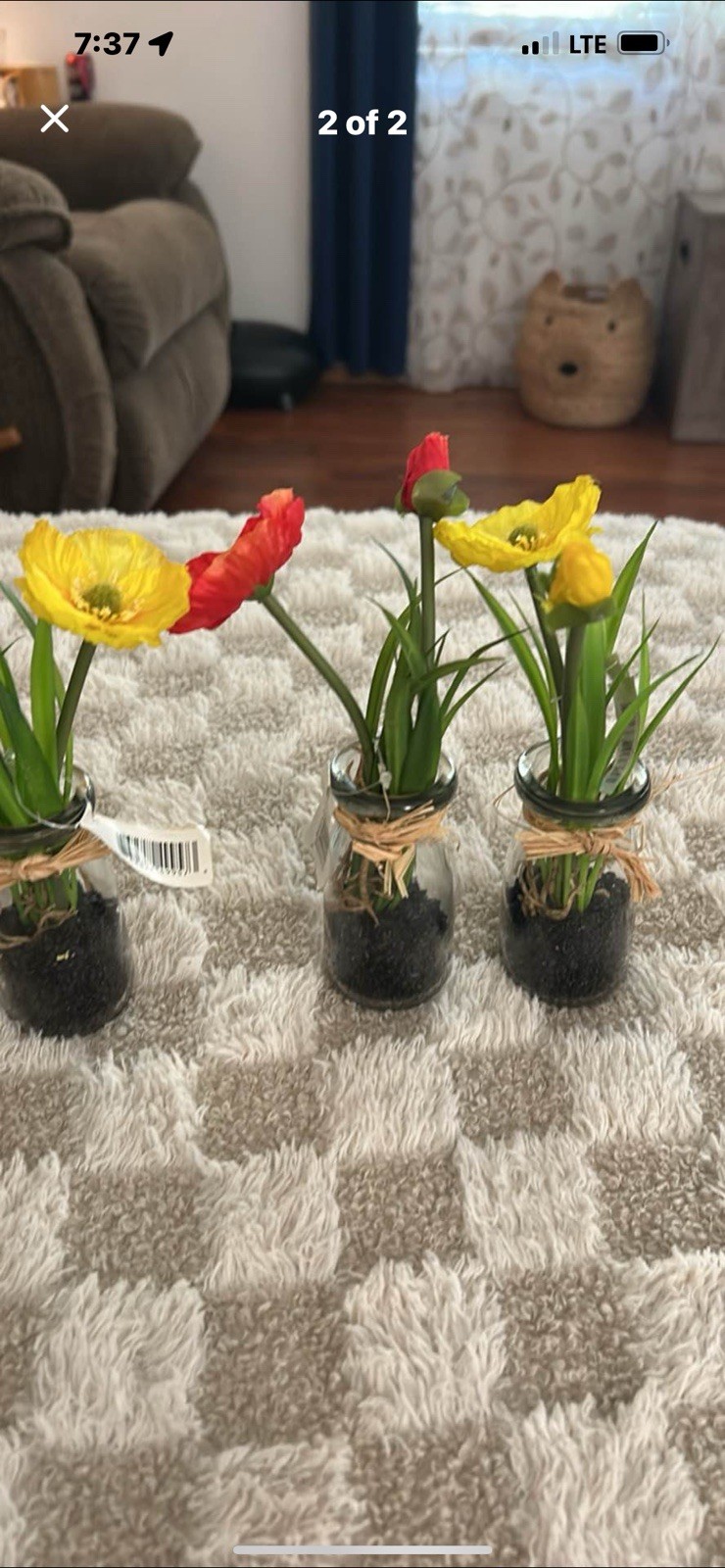 Set of 5 Artificial Poppy Flower Arrangements & Centerpieces in Clear Glass Jars