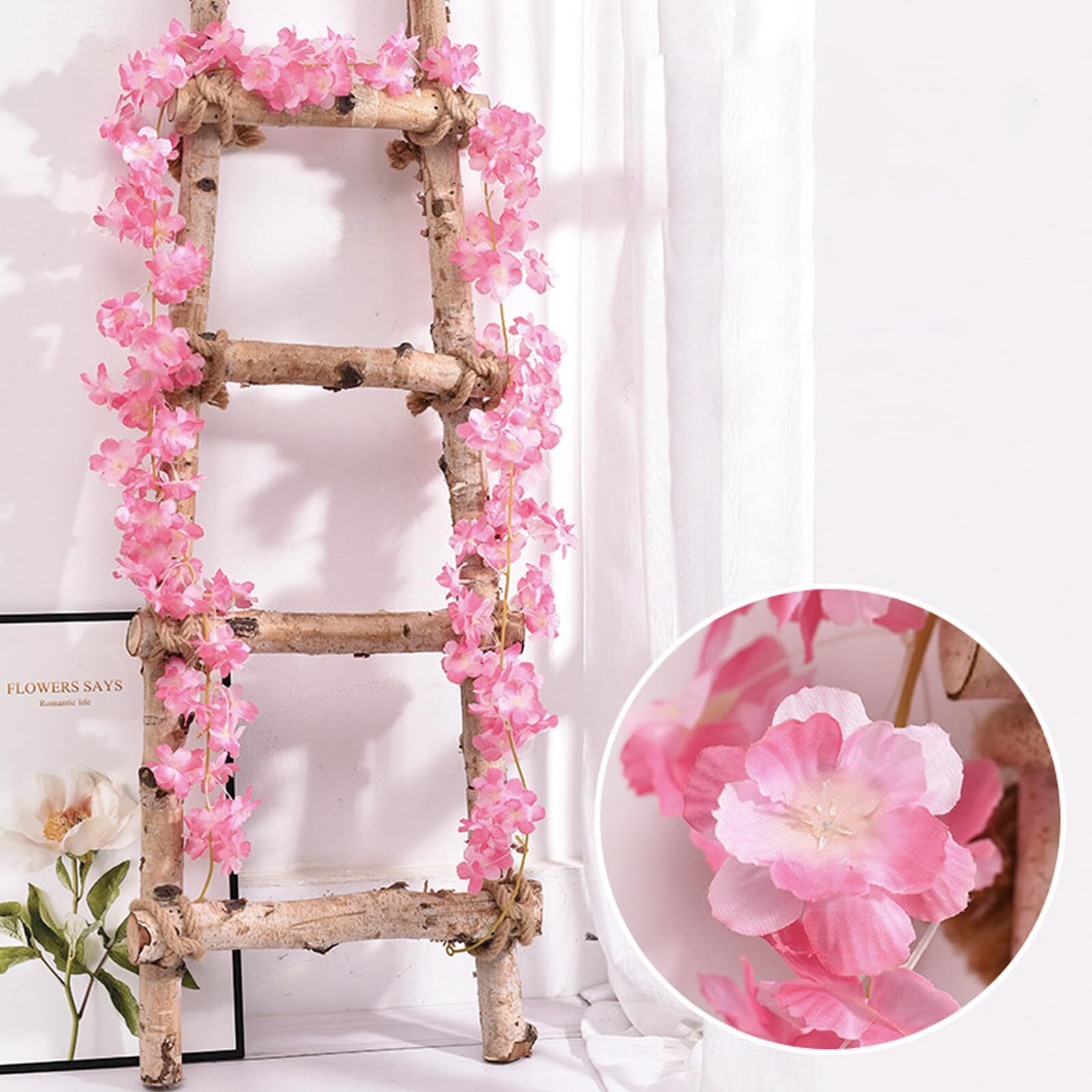 Dark Pink Artificial Cherry Blossom Flower Vines 6PCS Fake Sakura Decor