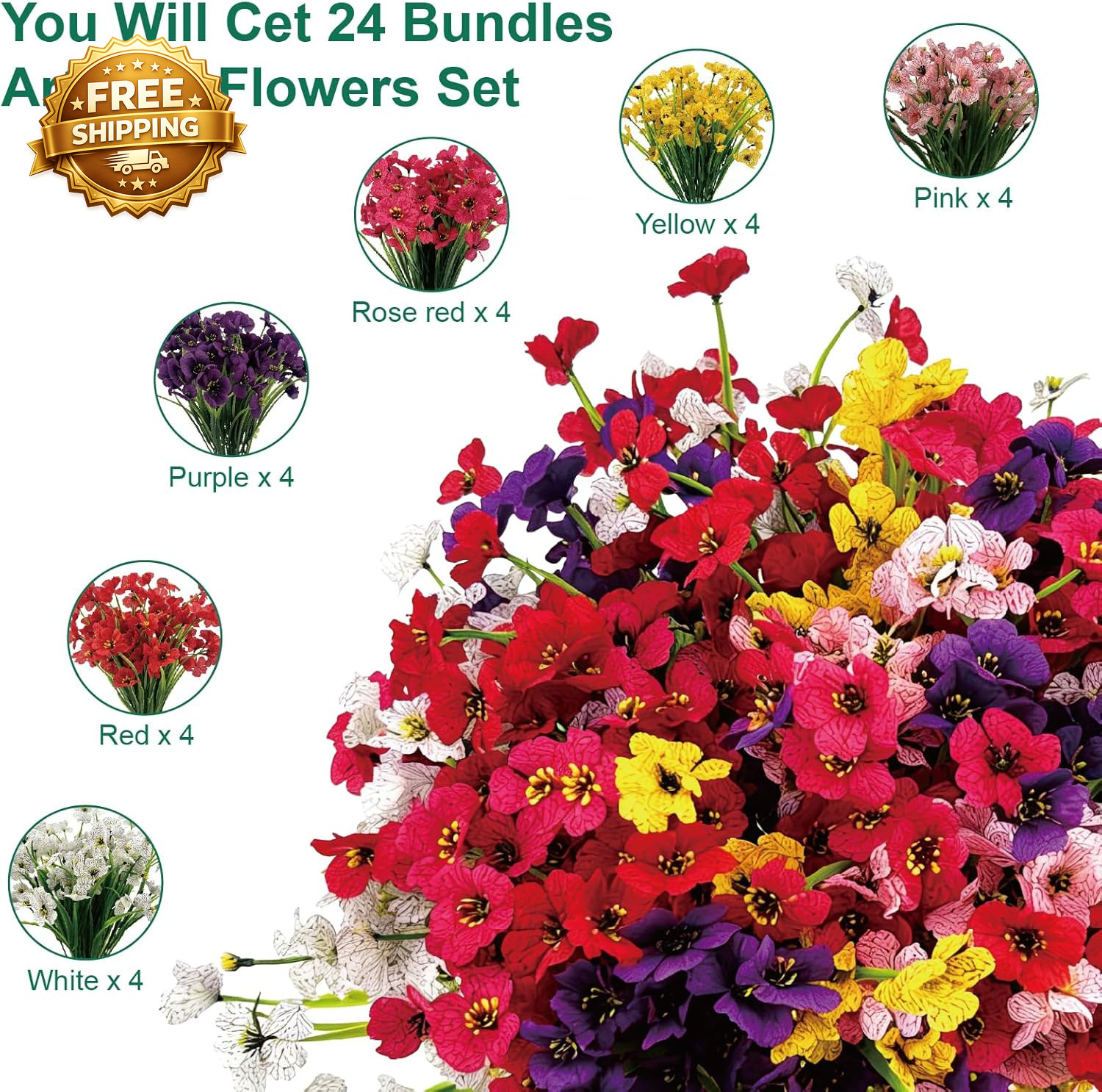 24 Pcs (6 Color) UV Resistant Outdoor Artificial Faux Flowers Plants Realistic P