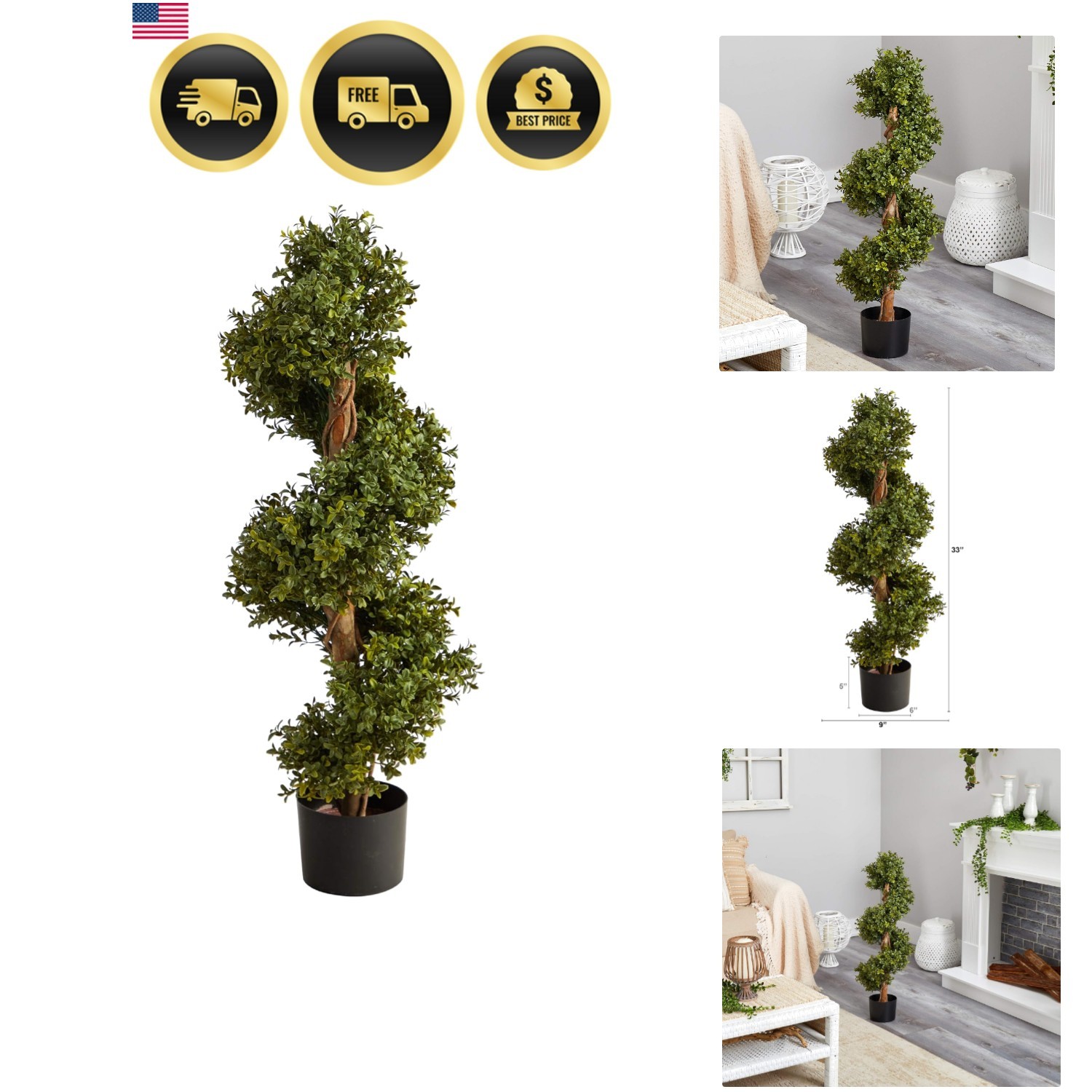 33in. Artificial Boxwood Spiral Topiary, Faux Greenery with Black Planter, In…