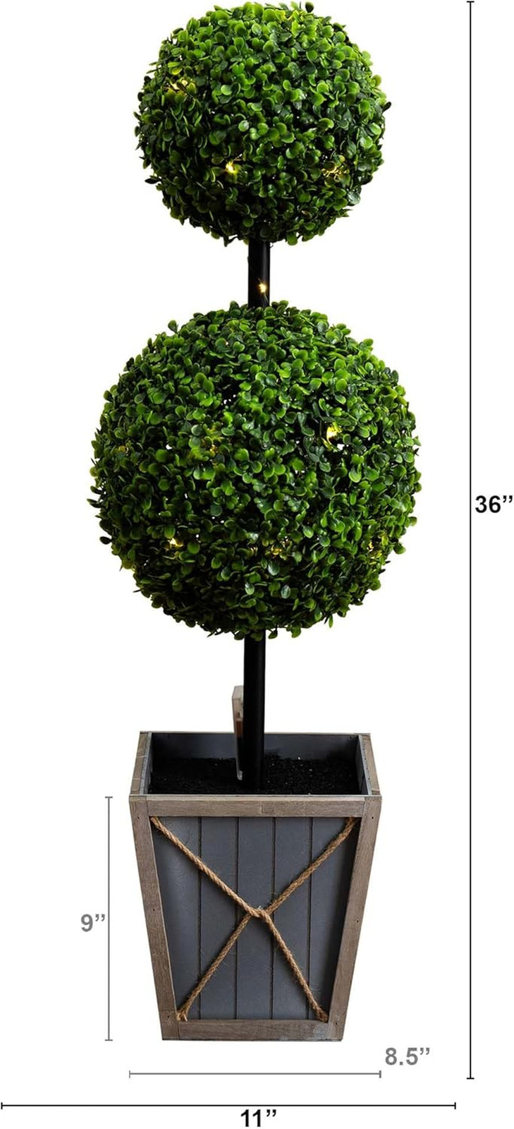 3Ft UV Resistant Double Ball Boxwood Topiary with LED Lights in Planter