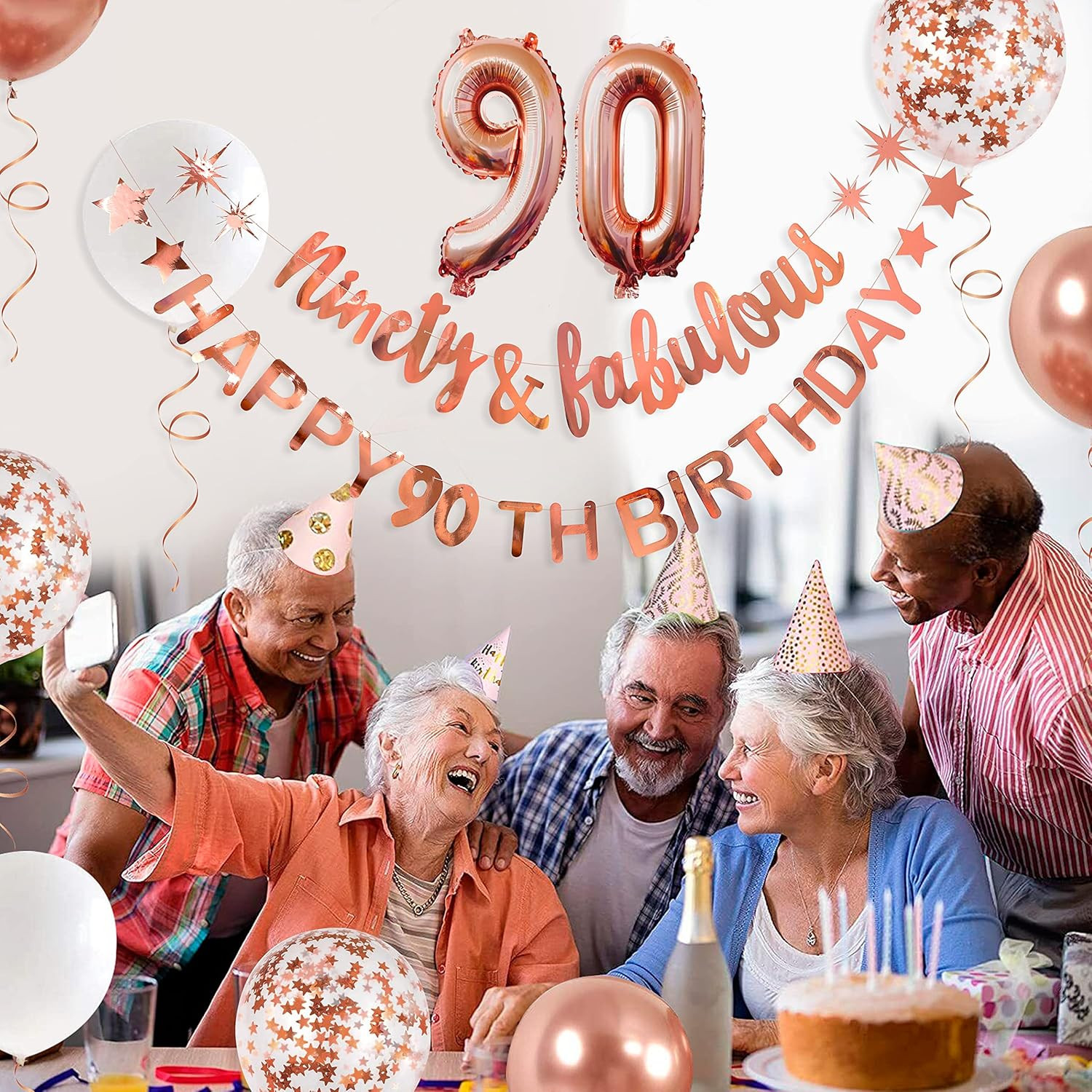 Rose Gold Ninety & Fabulous Happy 90Th Birthday Banner Garland Foil Balloon 90 f