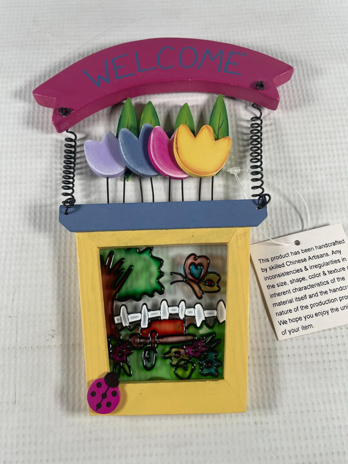 Springtime Wall Decor Flower Pot With Painted Glass Farm Scene Brand New