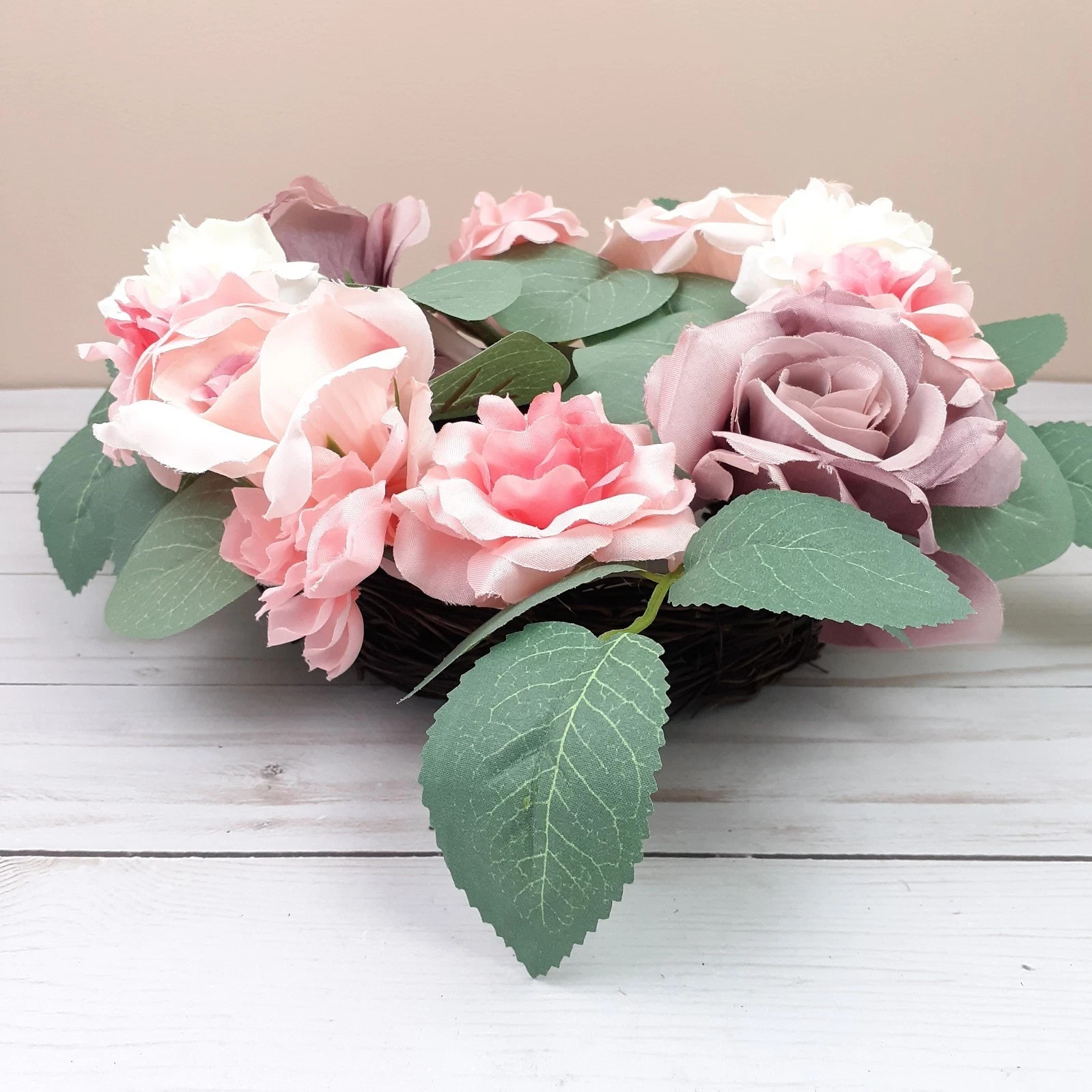 Candle Ring Wreath Pink Rose Flowers Floral 5″ inside 10″ Overall