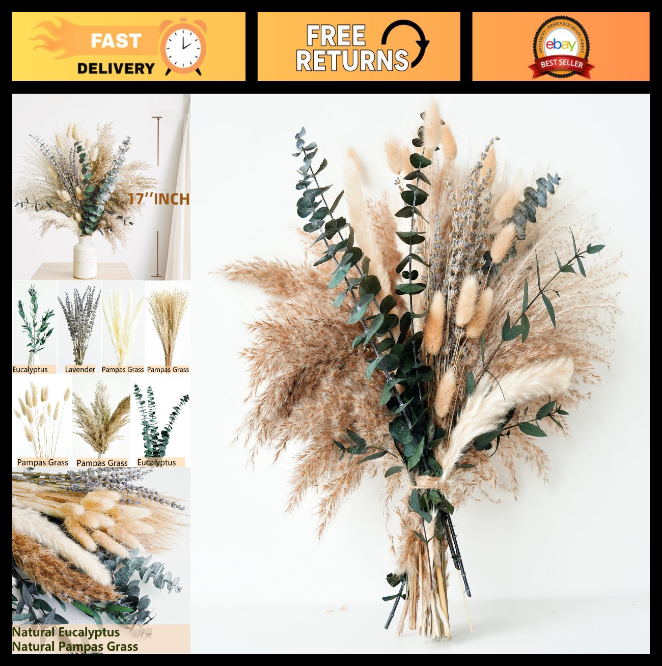 Boho Pampas Grass Bouquet – Dried Lavender & Eucalyptus Floral Arrangements for