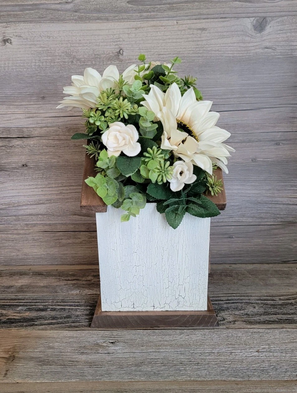 Faux Flower Arrangement Church Wood Box Decor