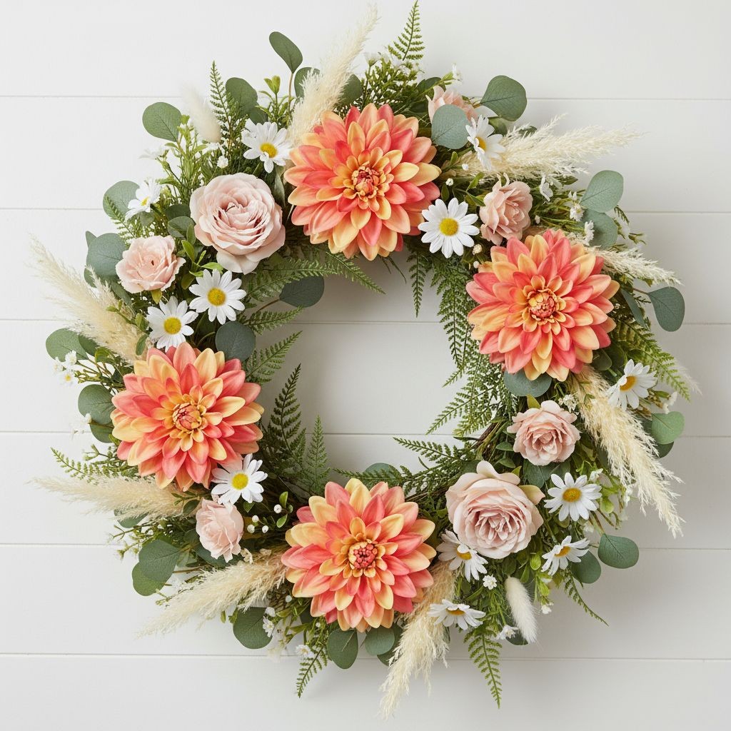 Coral Dahlia Stem Faux Flower 24 Inch 5 Inch Bloom Coral Yellow Artificial Dahli