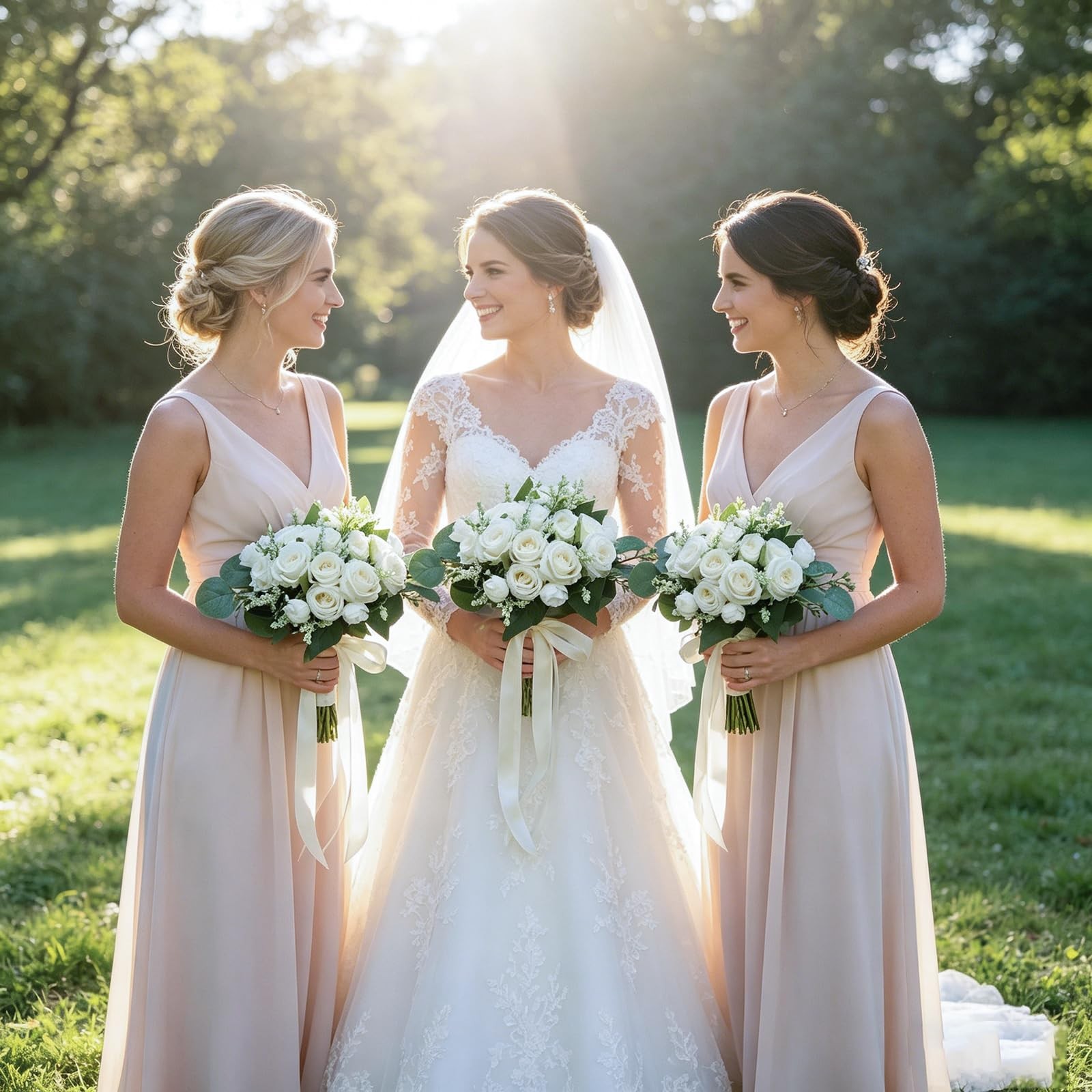 Artificial Bridesmaid Bouquets Set of 3 – Ivory White 9 Inch Various Flower B…