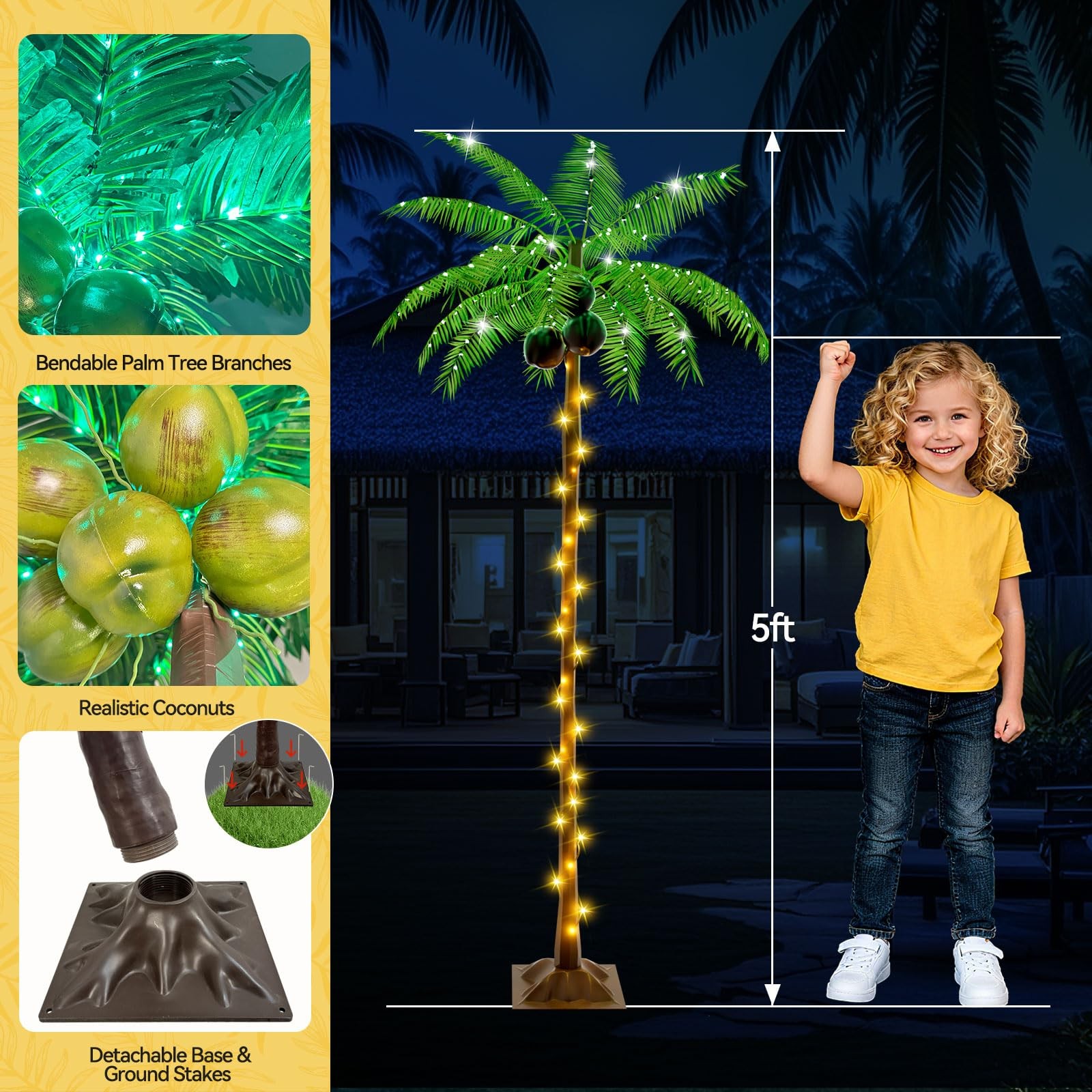 Ledido 5FT Christmas Palm Tree for Outdoor, 5ft, Warm White（solar&plug）