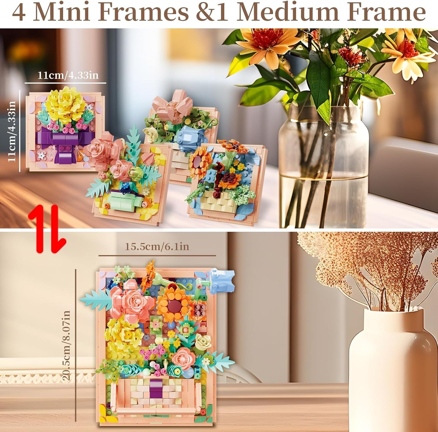 Flowers Building Set for Women – Lego-Compatible 4 in 1 3D Flower Picture Frames