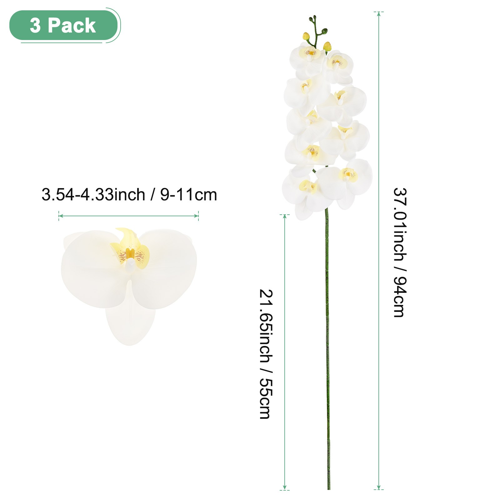3-Pack Artificial Orchid Flowers 9 Large Petals for Home[White]