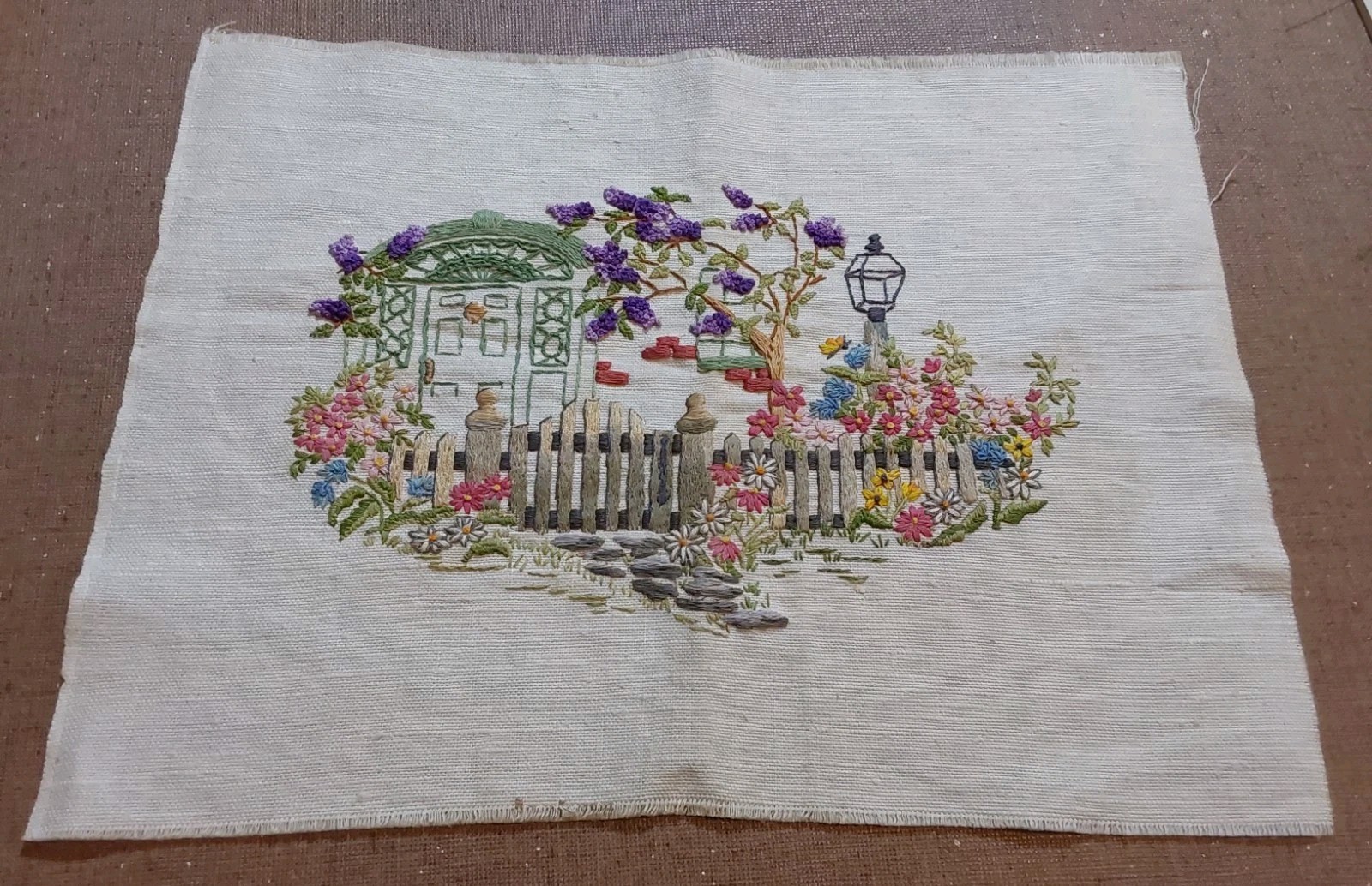 EMBROIDERED SCENE ●COTTAGE ENTRY ●Trees FENCE Florals ~15″ X 11.25″ HAND CREATED