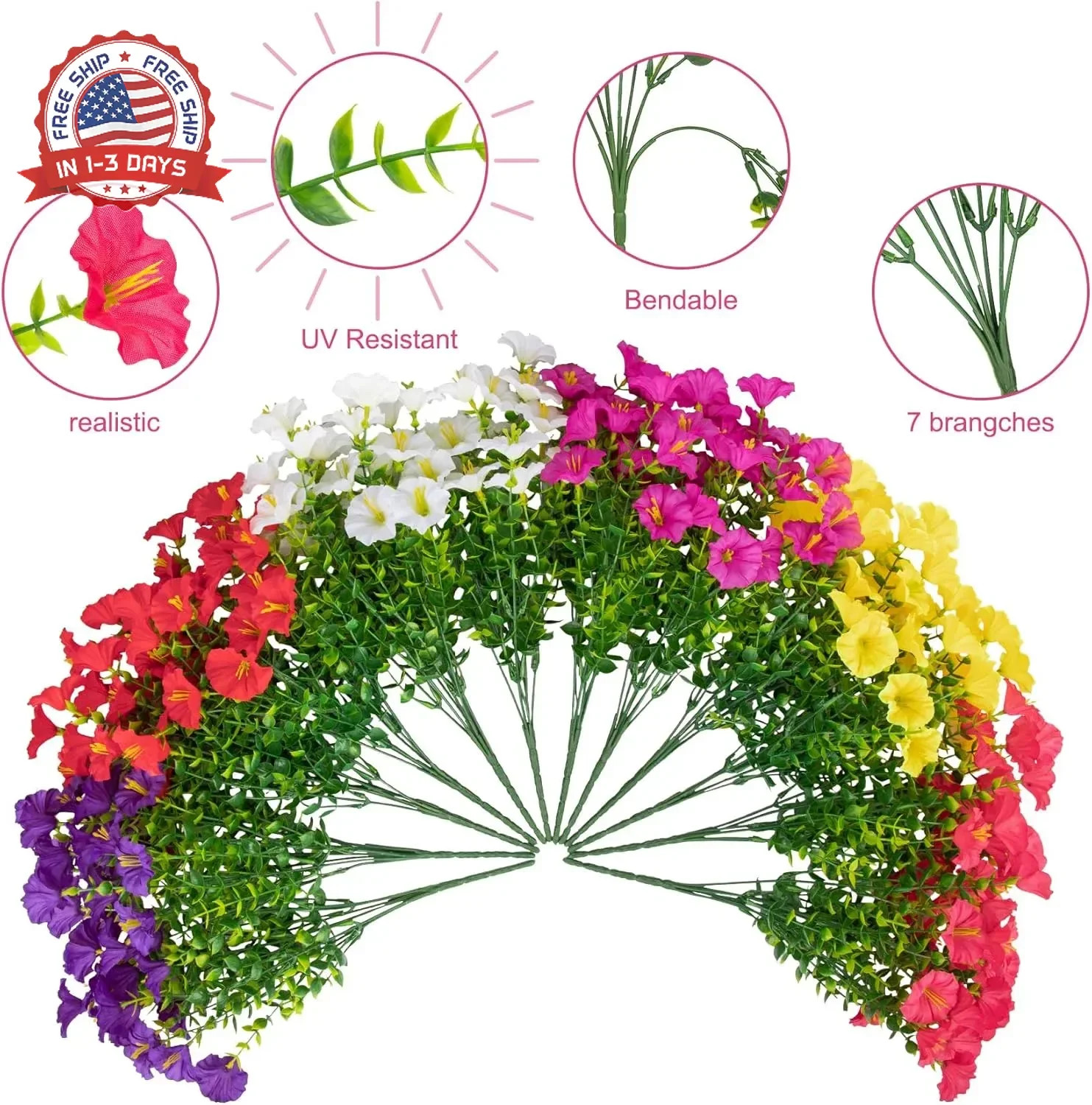 24 Bundles Artificial Flowers for Outdoors, Fake Silk Morning Glory Faux Eucalyp