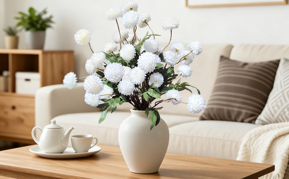8 Pcs Artificial Flowers White Beige Faux Silk Pompon Mums, 20″ Long Stem Fake