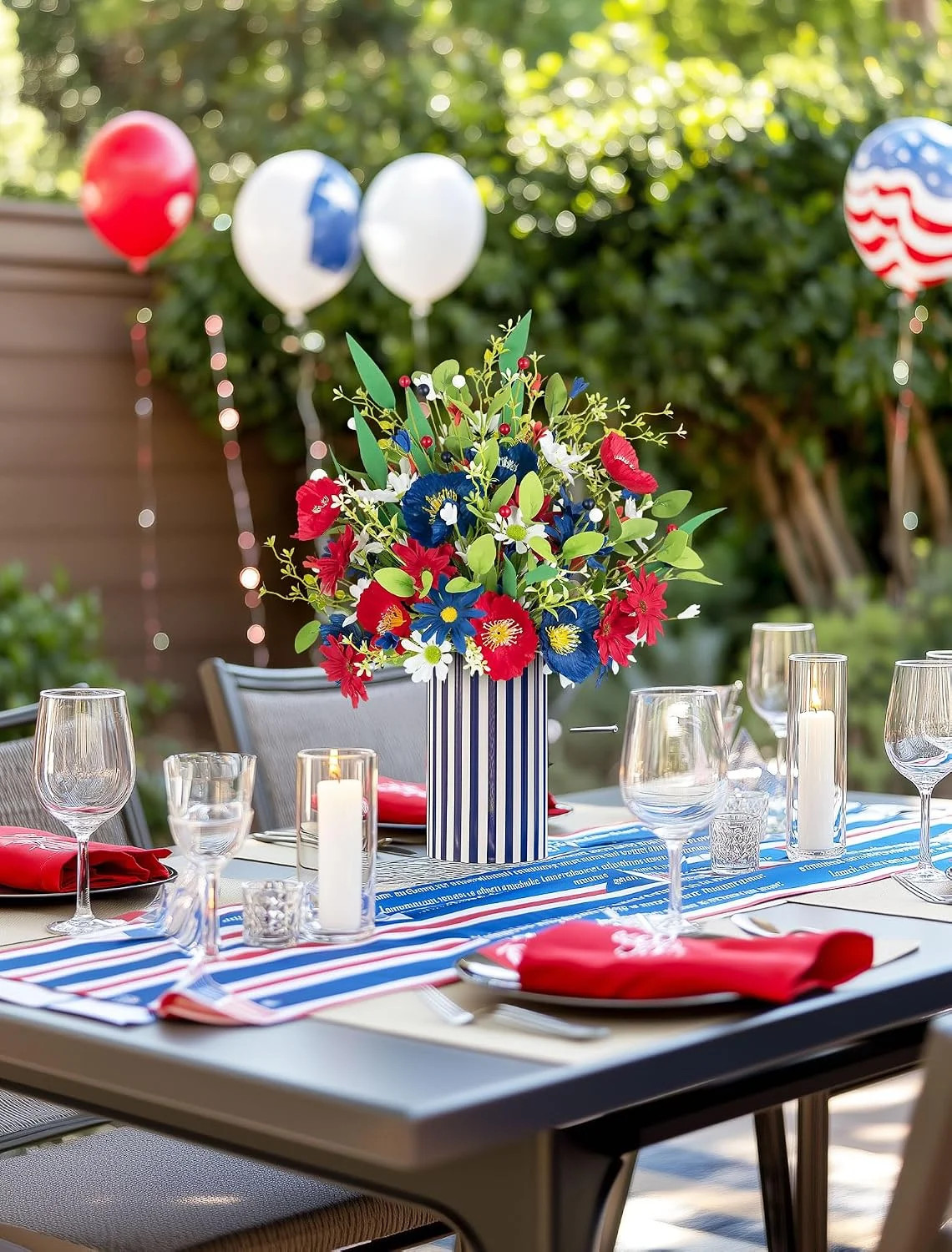 BLOSMON Red White and Blue Flowers: 4 Bundles Fake Flowers 4th of July Patriotic