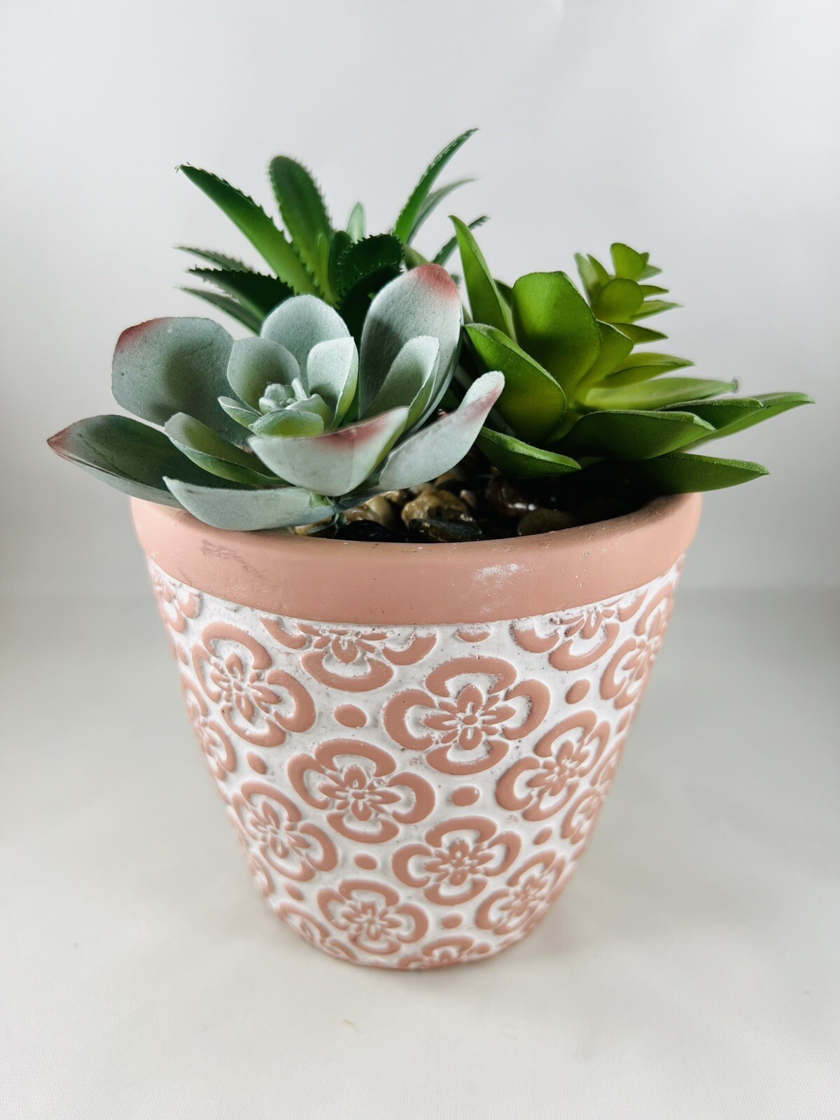Artificial Succulents in Clay Embossed Pot, 6.5″ tall