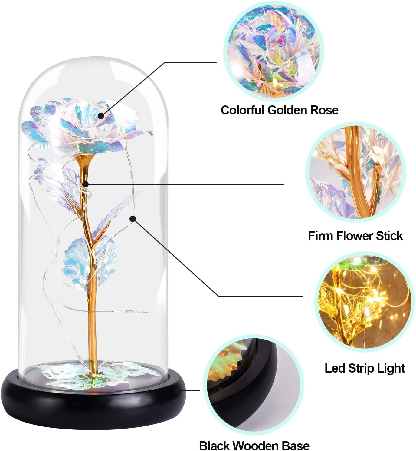 Colorful Artificial Flower Rose w/LED Lamp in Glass Dome Great Gift Idea! NEW