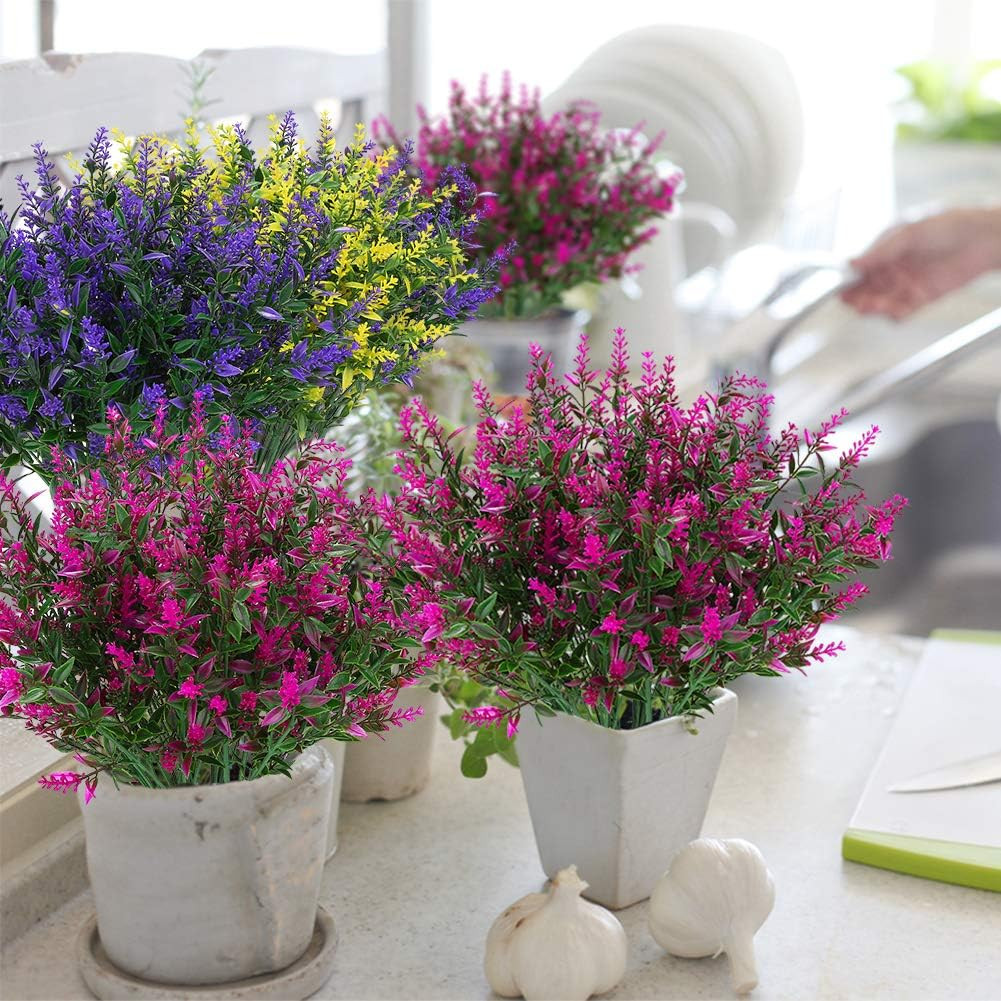 8 Bundles Outdoor Artificial Lavender Fake Flowers UV Resistant Shrubs, Faux Pla