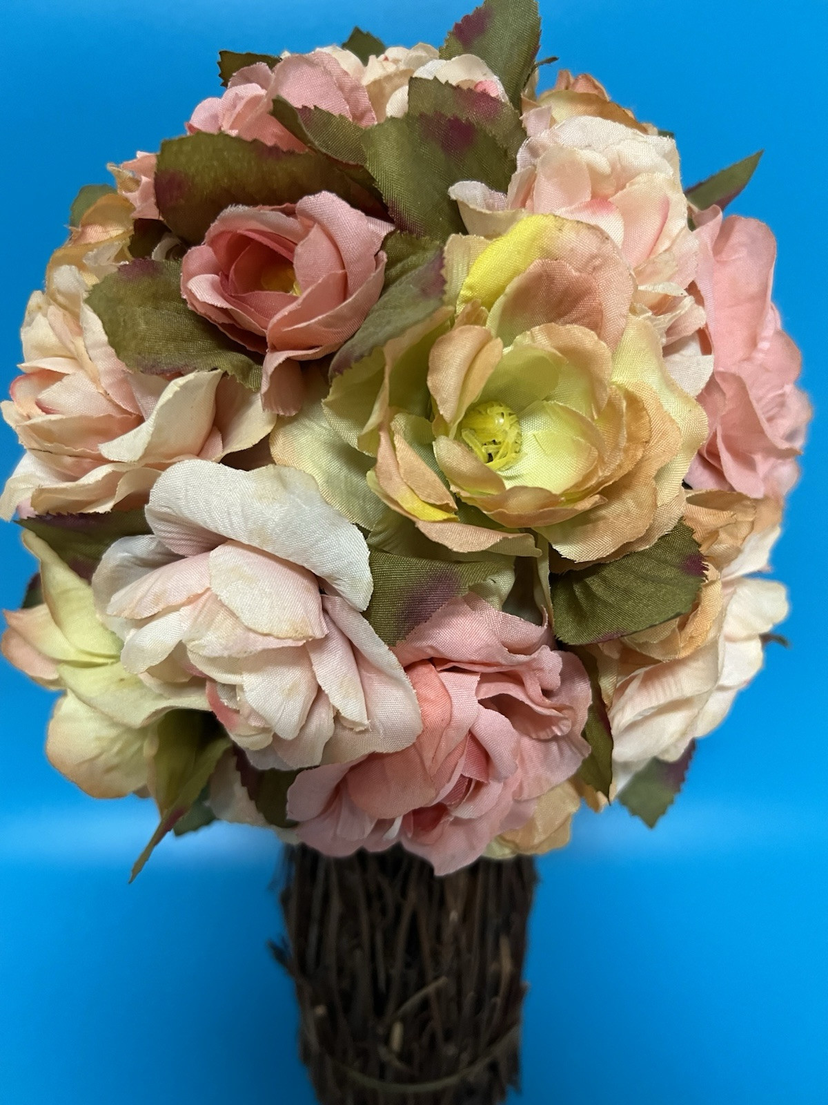 Vintage Flower & Straw Twig Standing Artificial Bouquet Of Roses Home Decor