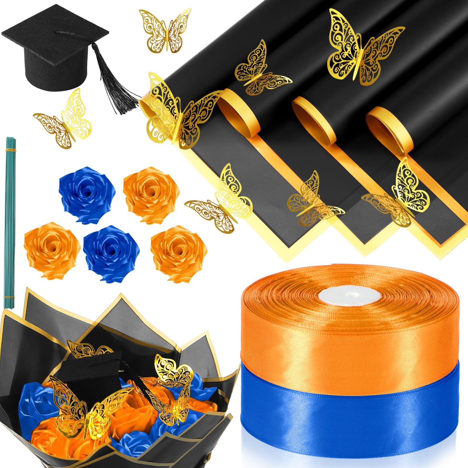 DIY Graduation Bouquet Kit 75 Pcs Flower Wrapping Paper, Ribbon & Decor