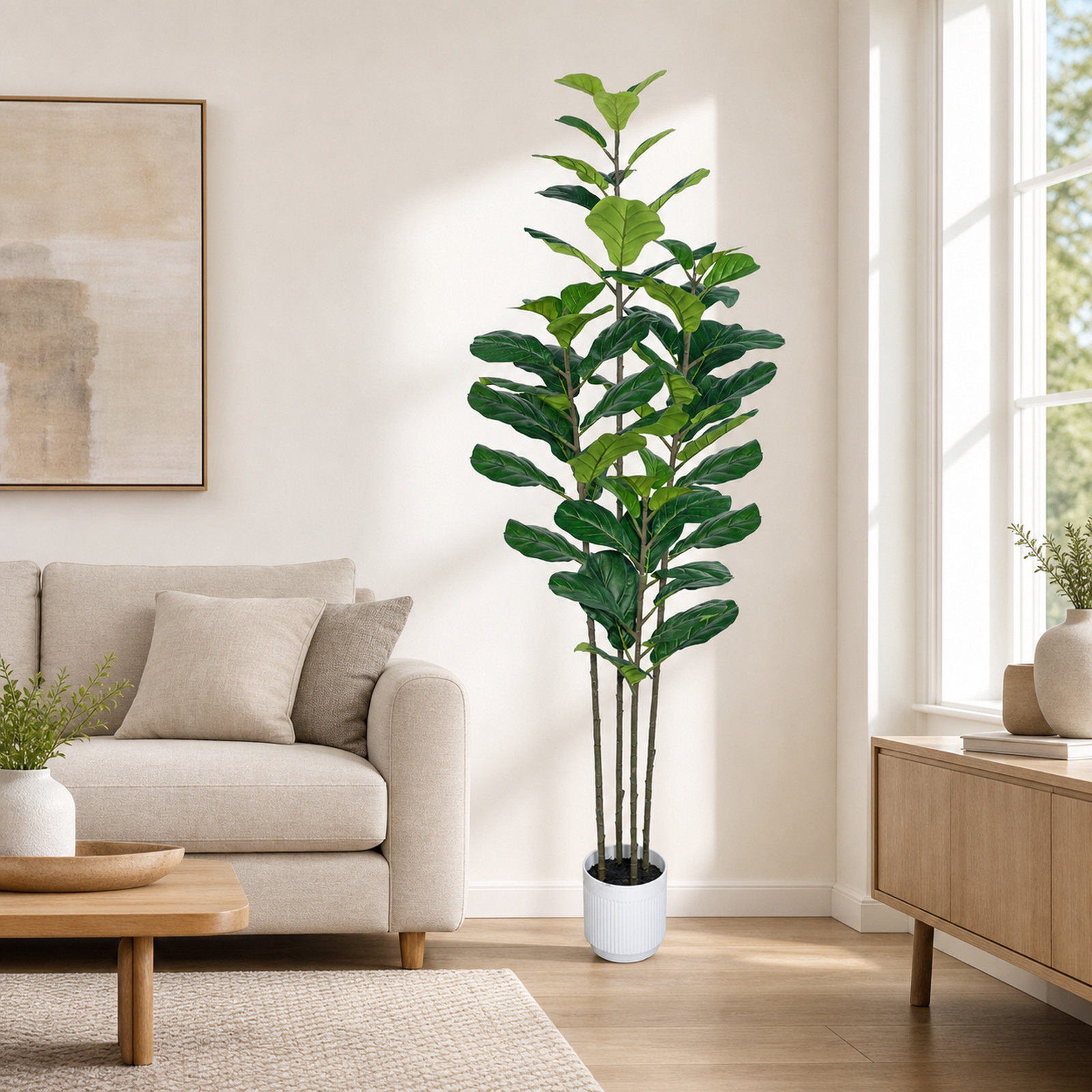6FT Artificial Fiddle Leaf Fig Tree Faux Ficus Plant with White Planter & Moss