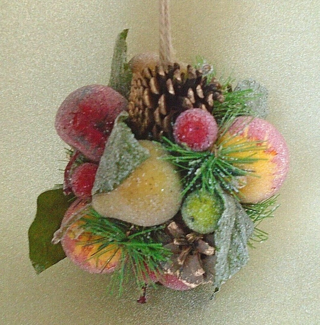 Fig & Magnolia Pinecone & Icy Beaded Faux Fruit Ball Shaped Hanging Topiary