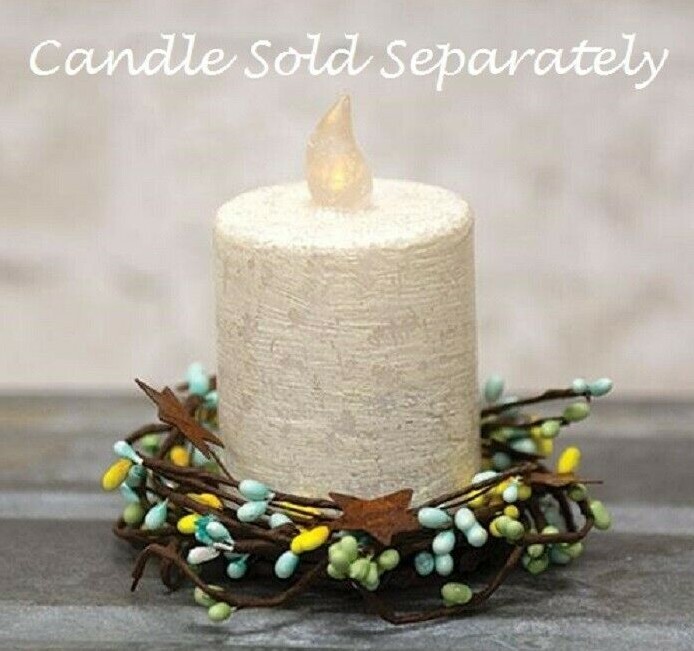 NEW YELLOW GREEN BLUE 2″ Pip Berry Candle Ring w/ Rusty Stars Cottage Farmhouse