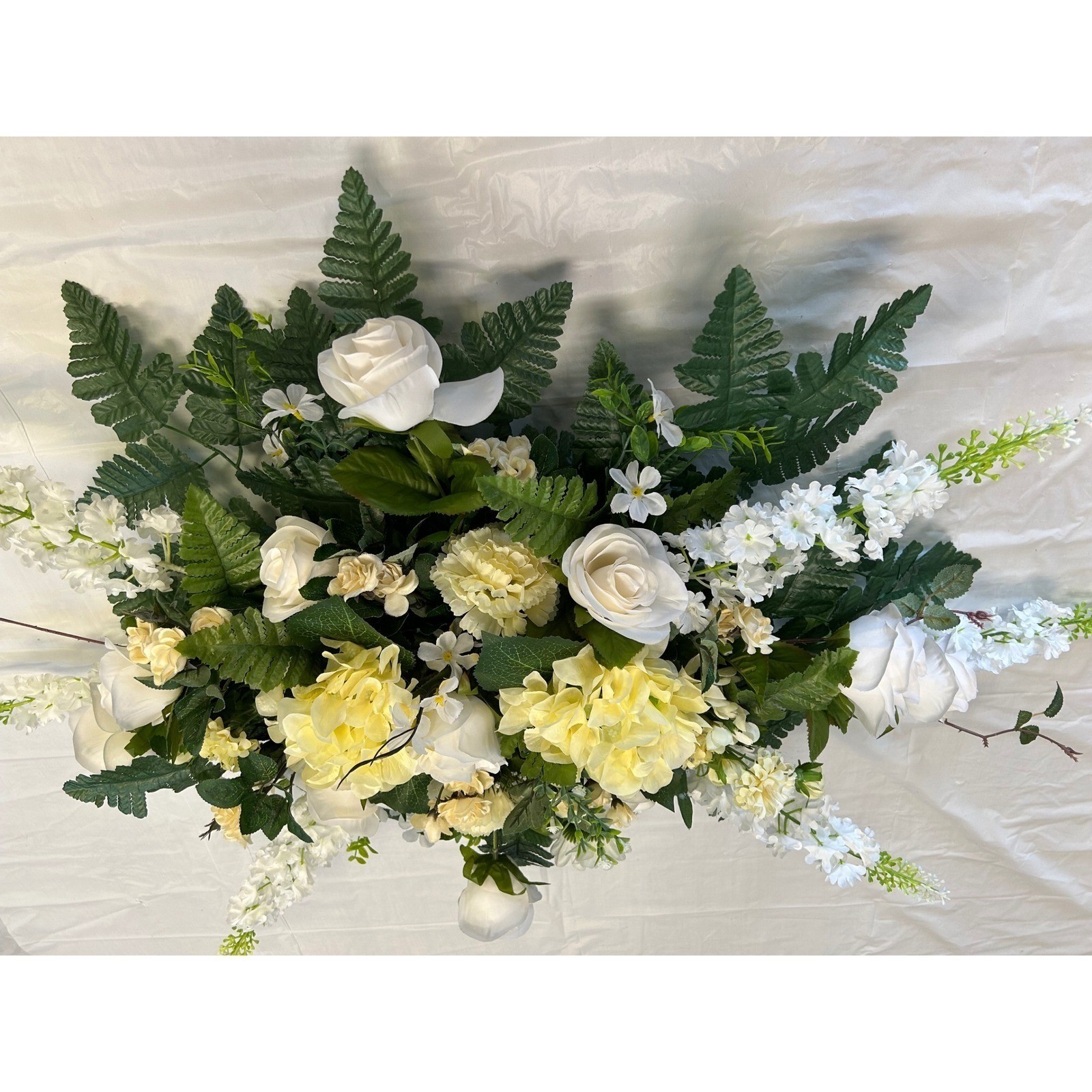 White Rose Yellow Hydrangea Silk Floral Saddle Cemetery Spray Wedding Centerpiec