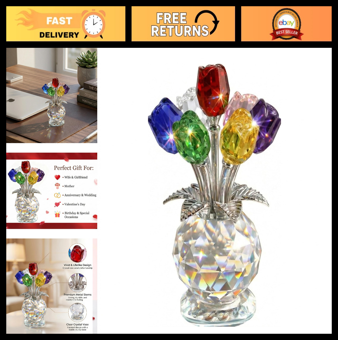 4.7 Inch Crystal Rose Bouquet – 7 Colorful K9 Glass Roses for Home Decor