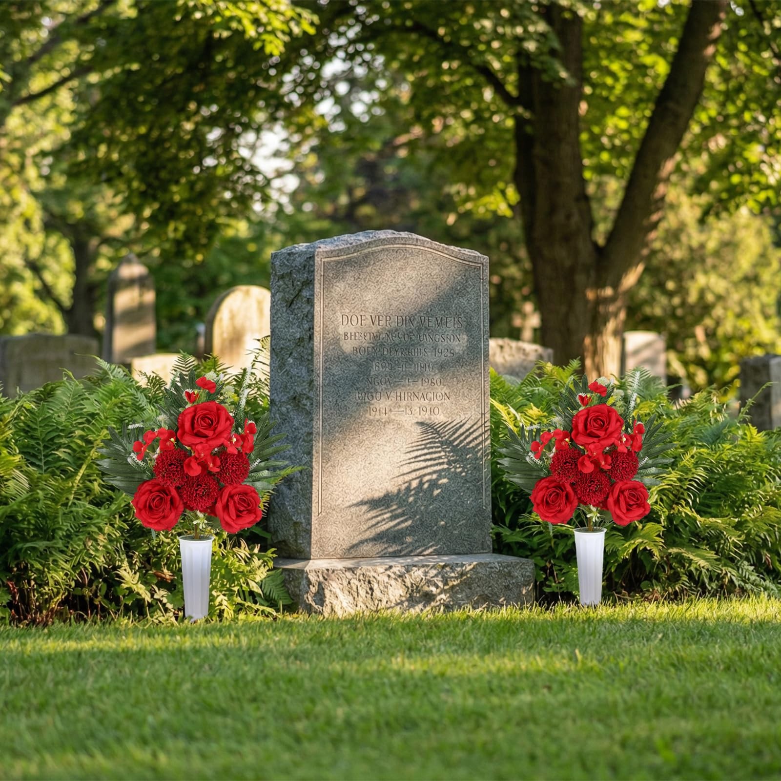 2 Sets Cemetery Flowers for Grave, Outdoor Roses Chrysanthemum Hydrangea Arti…