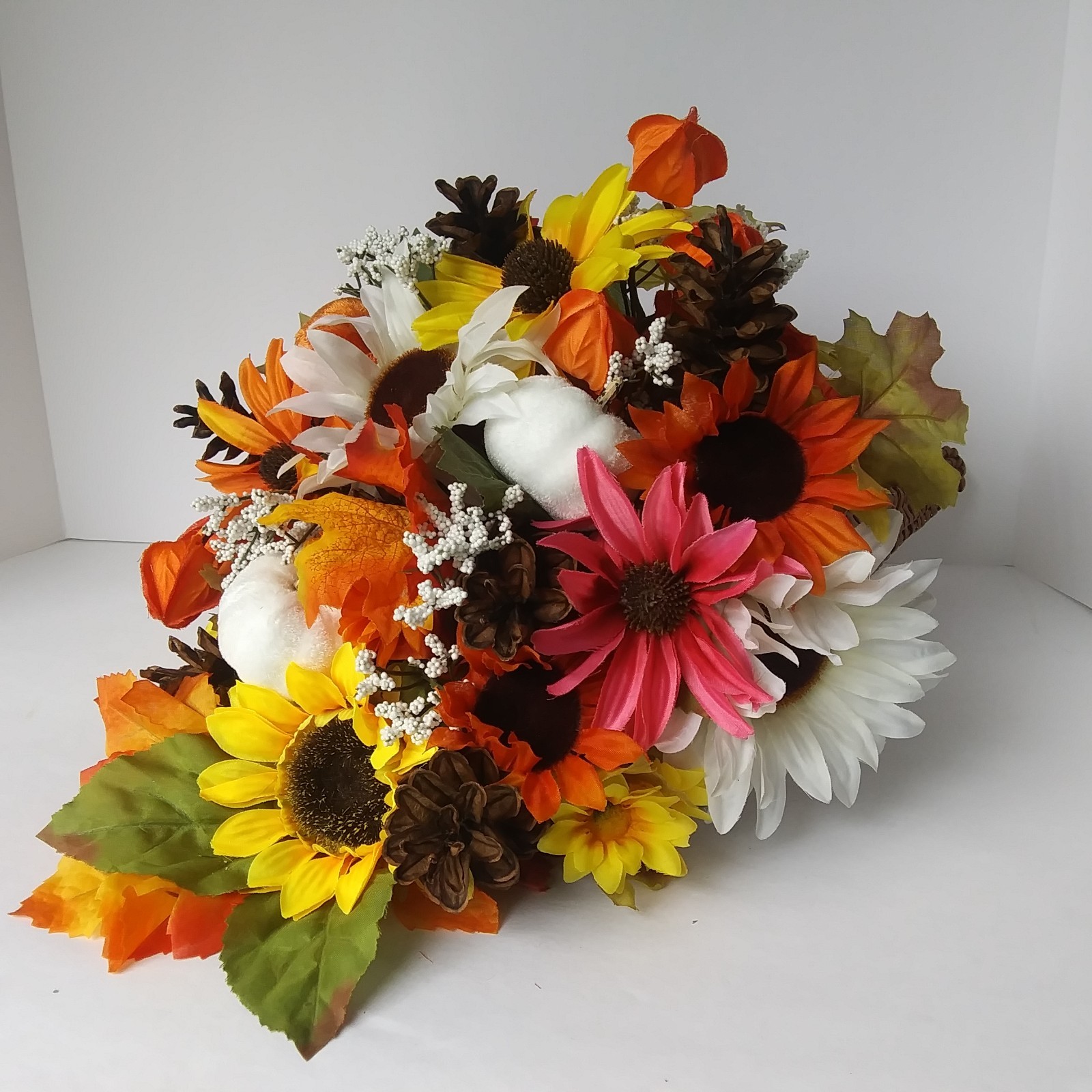 Fall Cornucopia Centerpiece Sunflowers Pinecones Maple Leaves Harvest Decor