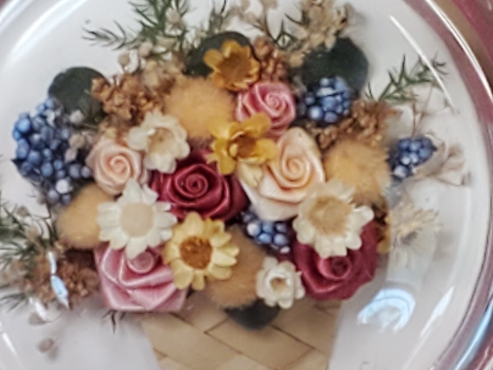 Convex Glass Bubble Dried Floral Silk Ribbon Floral Wall Art Shabby Elegance Set