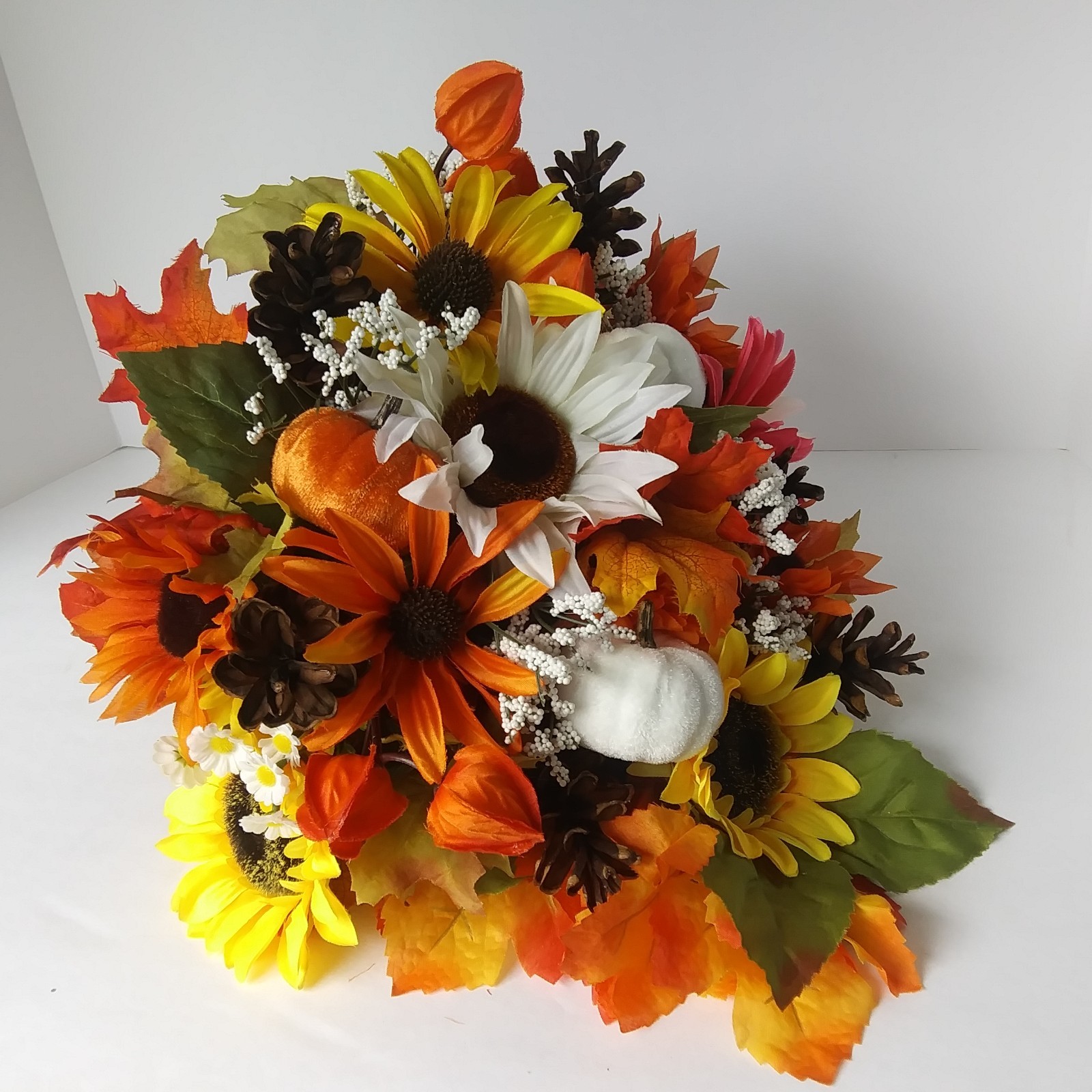 Fall Cornucopia Centerpiece Sunflowers Pinecones Maple Leaves Harvest Decor