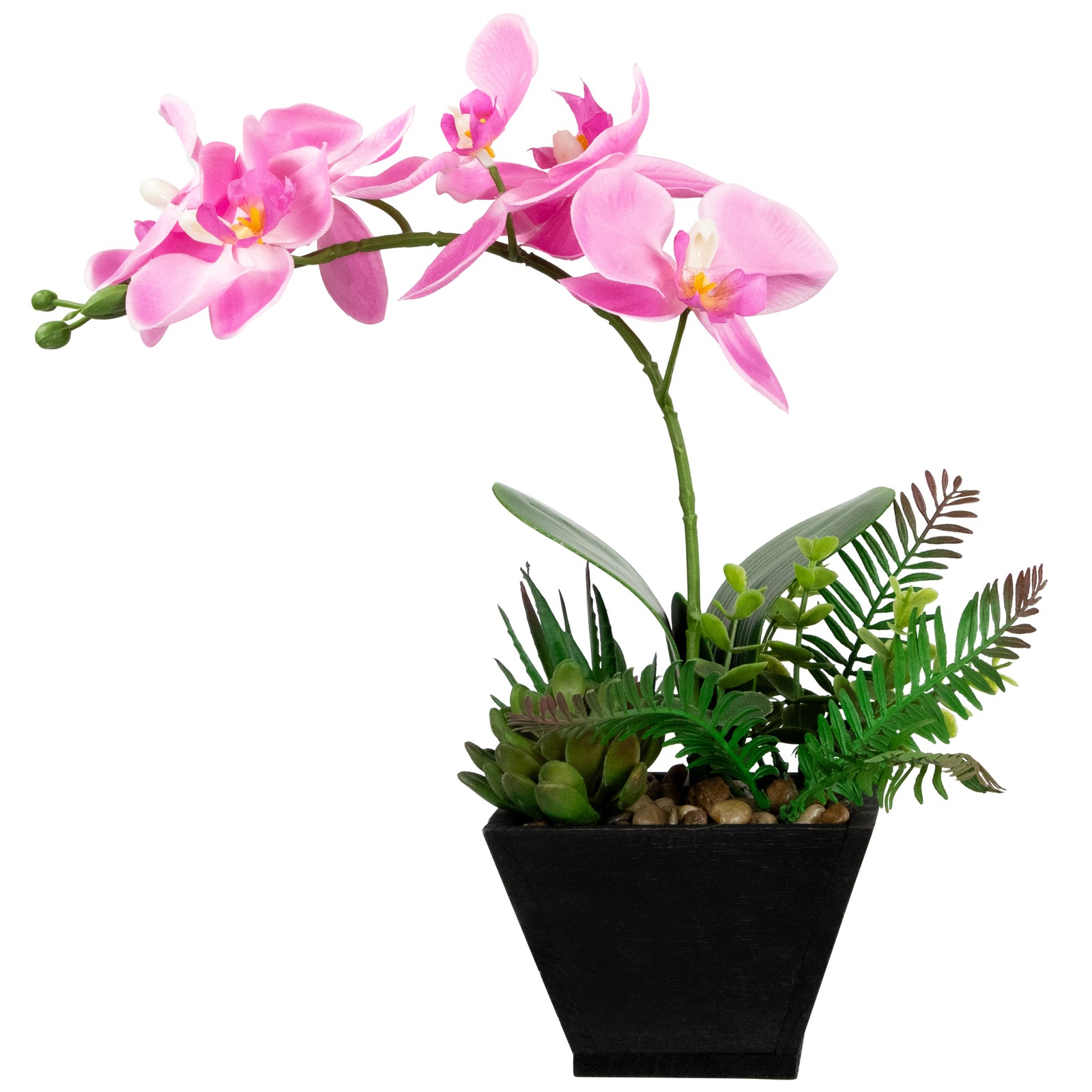 13″ Artificial White, Pink and Green Orchid Succulent Plants Square Black Pot