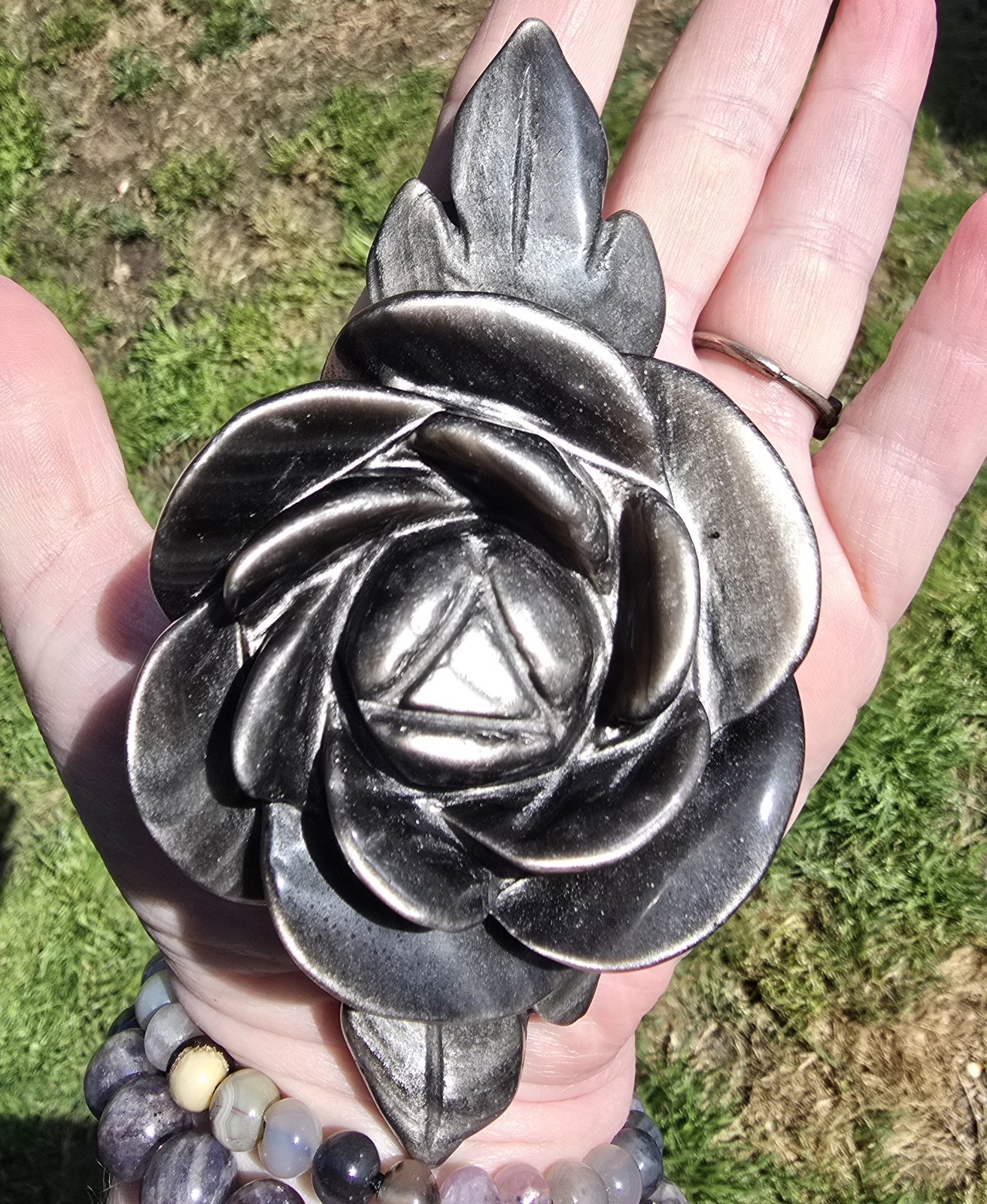 Silver obsidion rose Unique Gothic anniversary gift Crystal Energy Protection