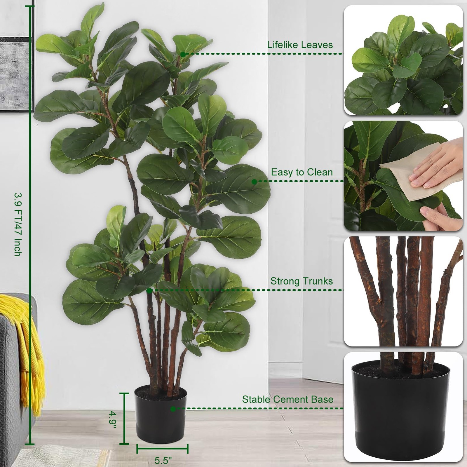 Artificial Fiddle Leaf Fig Tree, 4 Ft Faux Ficus Lyrata Tree with 72 Leaves i…
