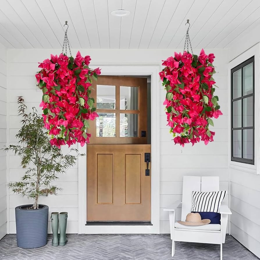 Artificial Hanging Flowers 28.35″ Silk Bougainvillea UV Resistant Faux Flower…