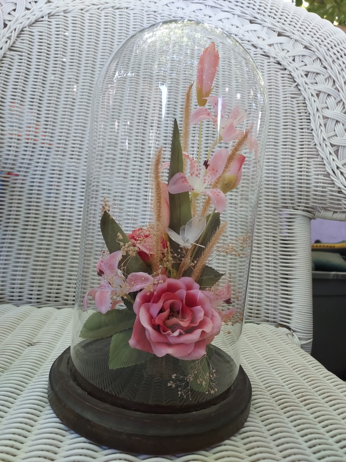 12″ Vintage Real Dried Flower Cloche Glass Dome Pink Silk Roses Lilies Butterfly