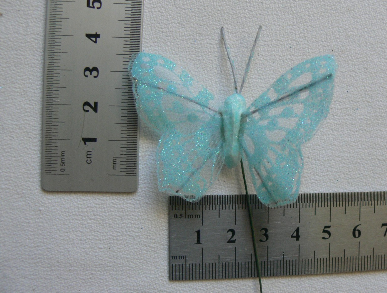 BUTTERFLY Pack 12 Piece LT BLUE – 40x65mm – Antennae’s + Stem 12cm long – KSCRT