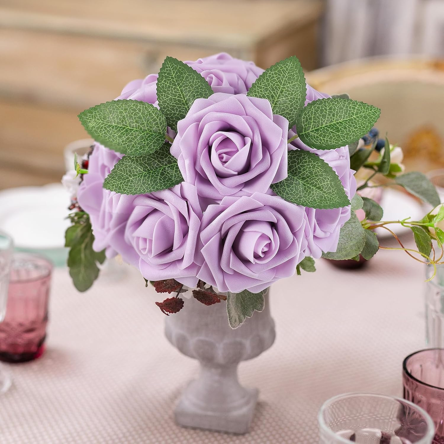 25Pcs Real Looking Artificial Lavender Roses W/Stem for DIY Wedding Bouquets Cen