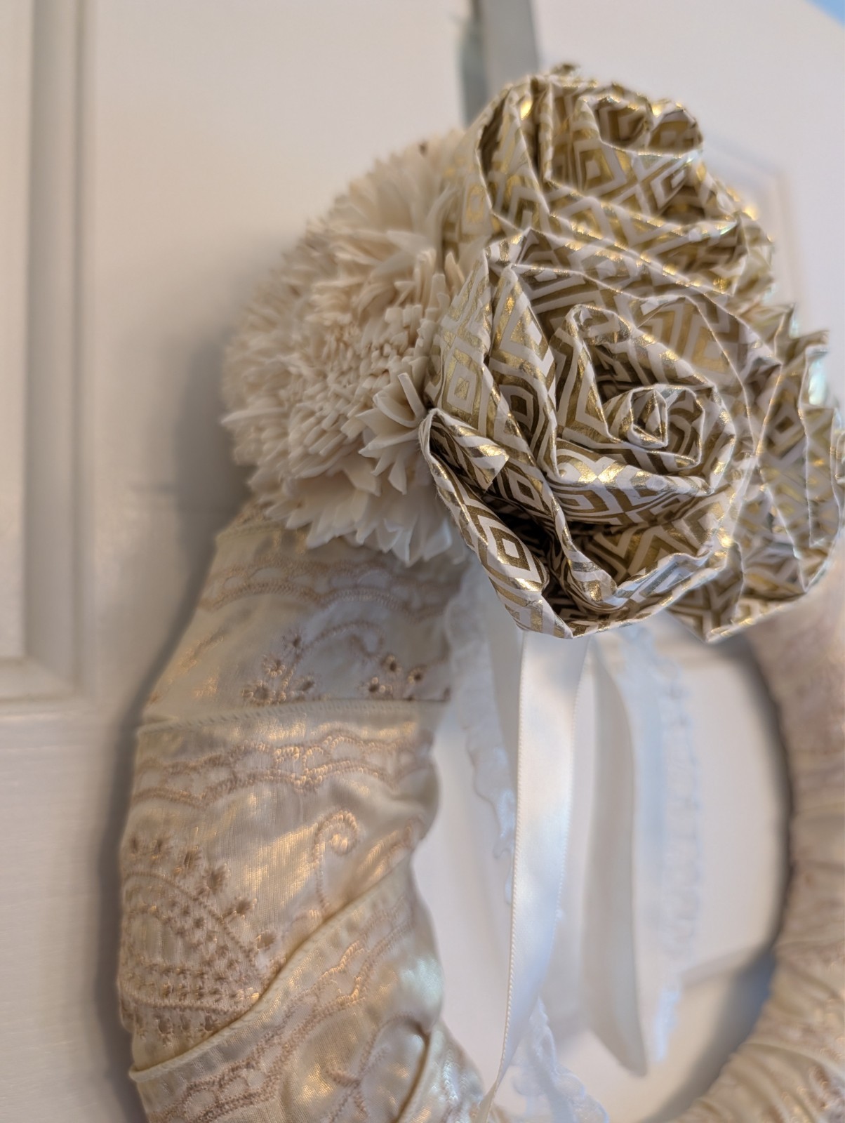 11″ handmade wreath gold, cream & white colored ribbon flowers wall decor