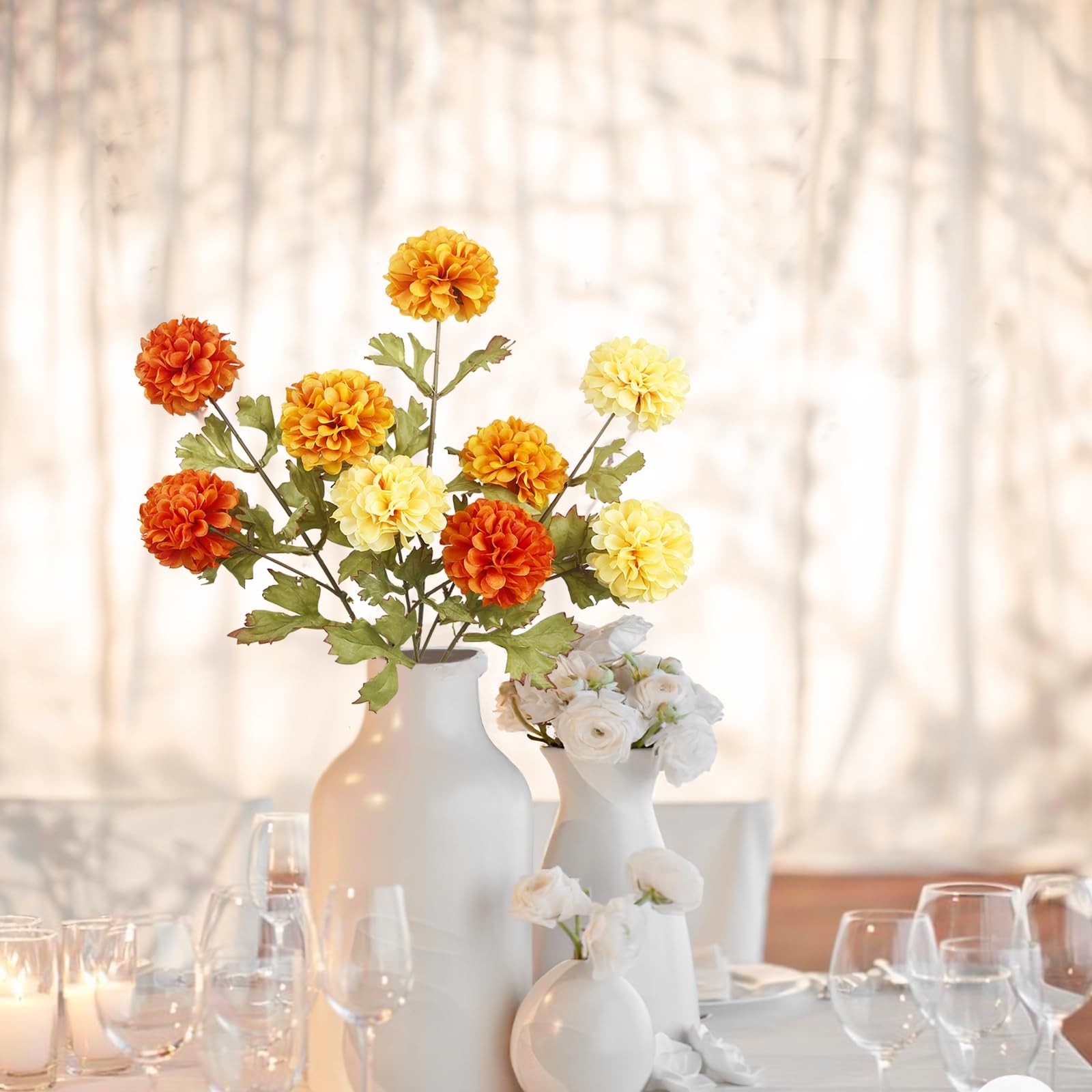 Artificial Marigold Flowers 3 PCS Orange Silk Chrysanthemum Ball Mum Bouquet