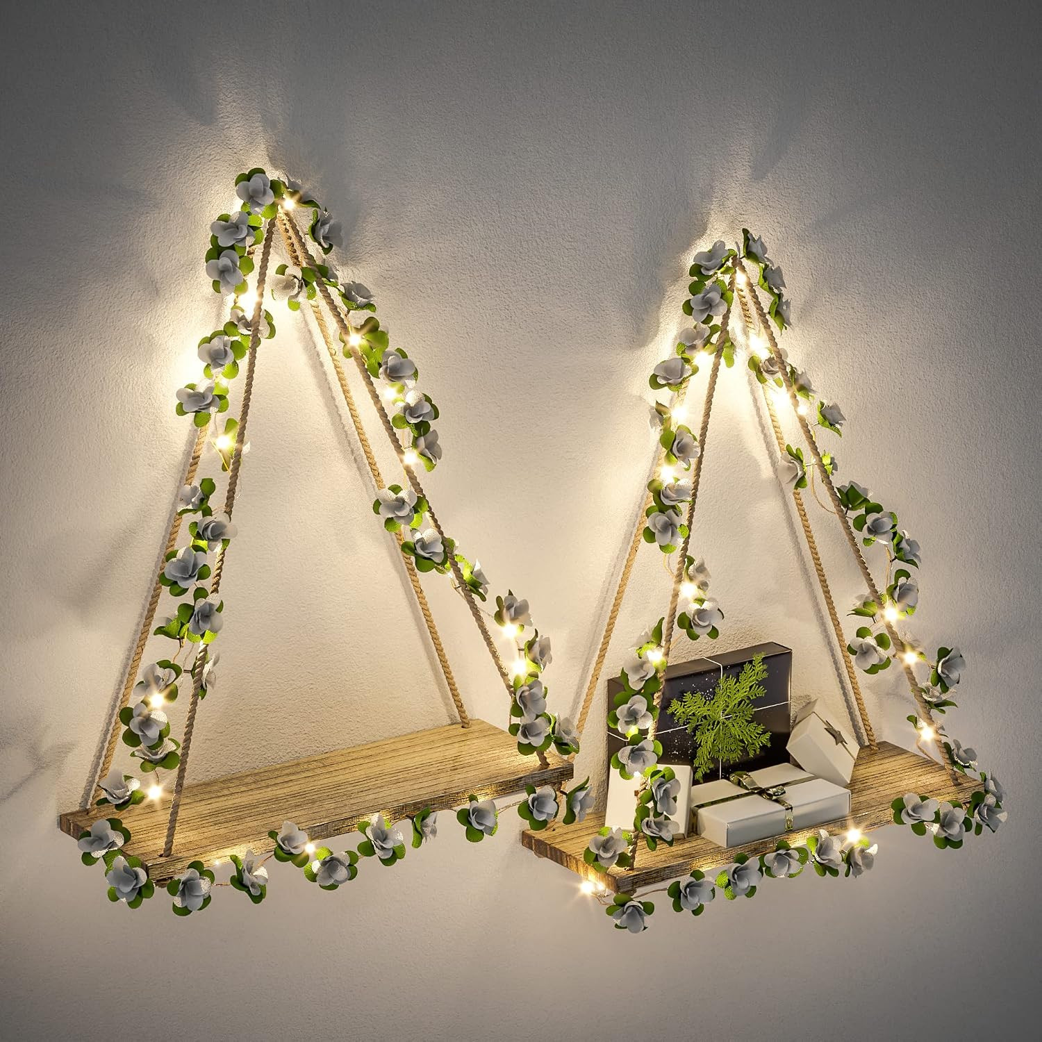 Artificial White Flower Garland with LED-Strip Wall Hanging Shelves Set of 2, Bo
