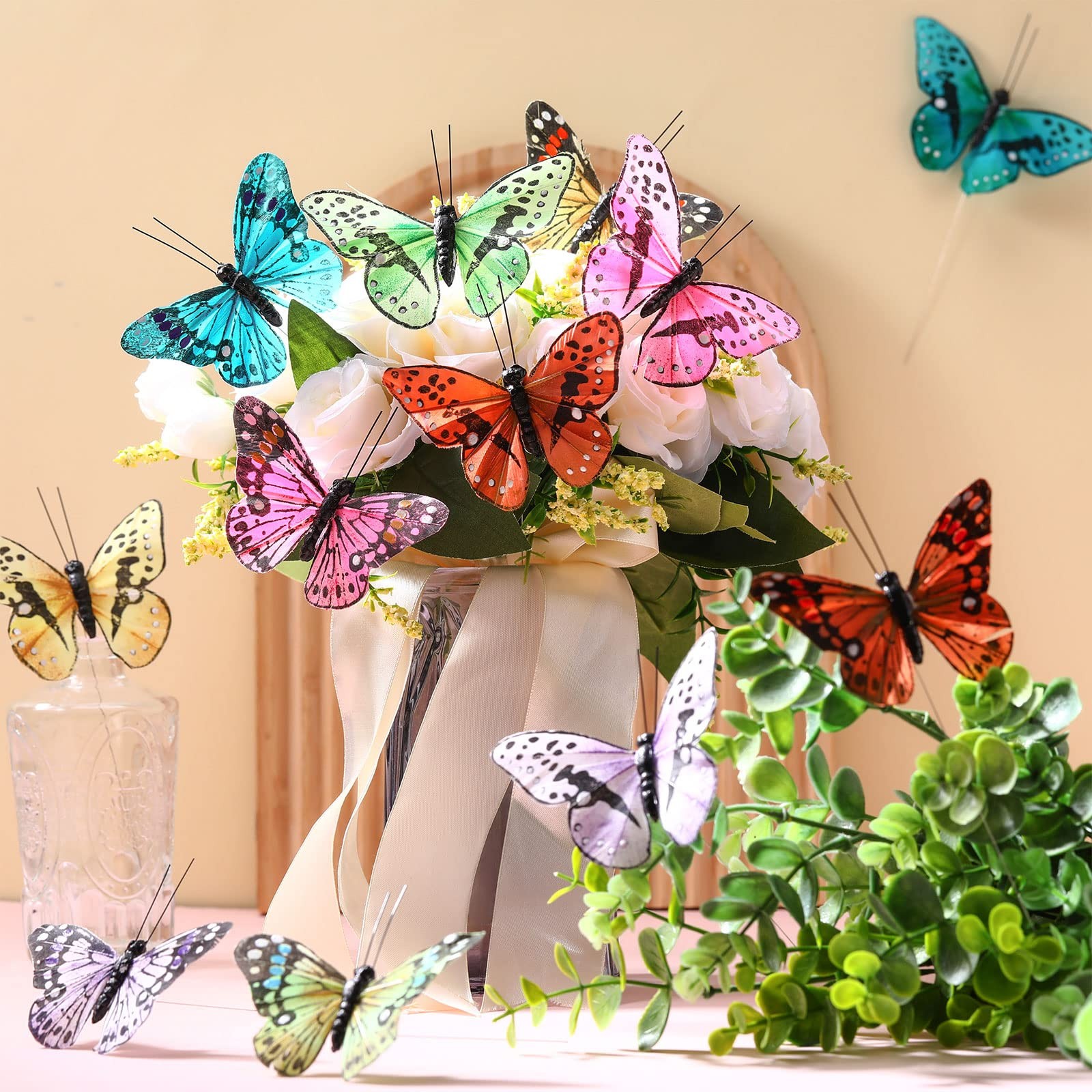 Ysleen 12 Set Monarch Butterfly Decoration Artificial Butterflies Feather Picks