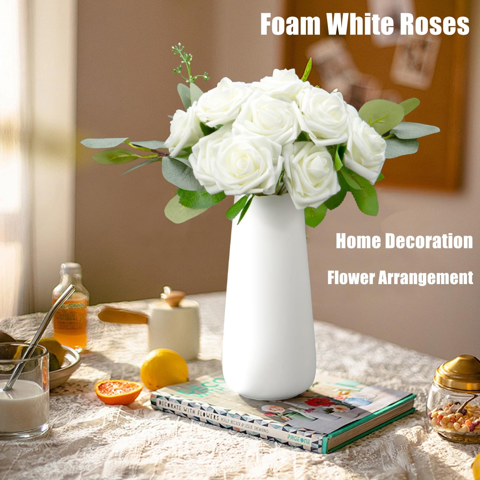 100Pcs Artificial Flowers Ivory White Fake Foam Roses with Stems