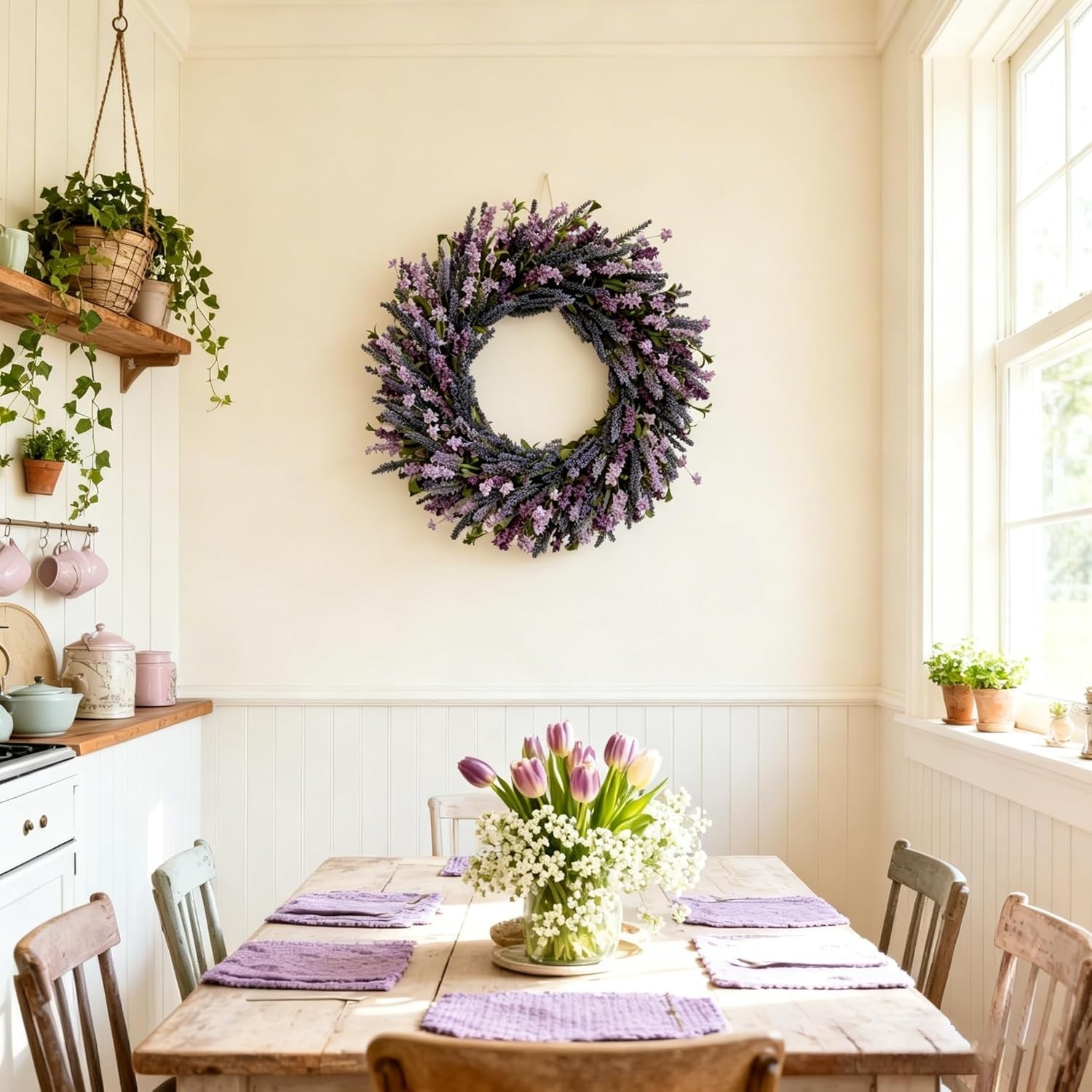 Luxurious 26-Inch Lavender Flower Wreath with Green Leaves for Home Elegance