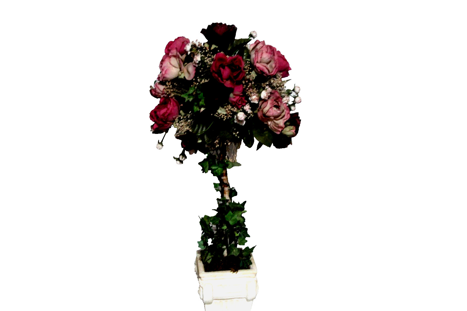 ROSE TOPIARY burgndy pink green artificial flowers white ceramic base (bdrm)