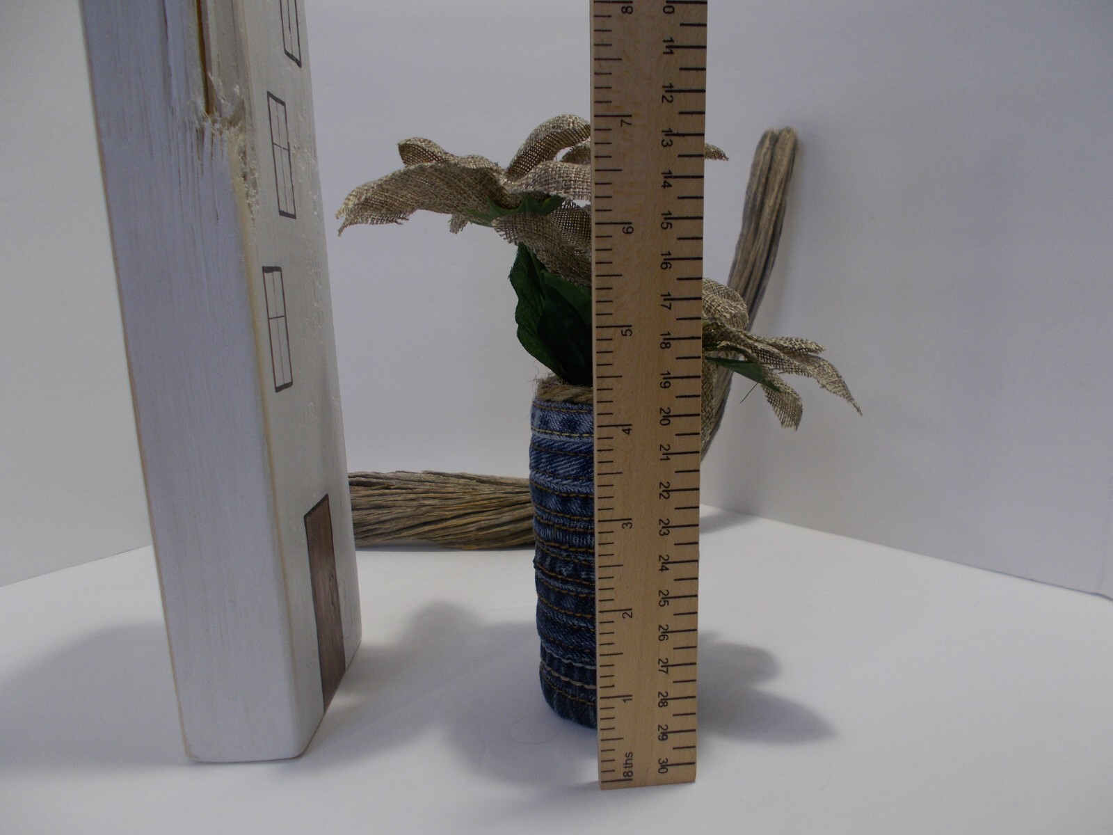 Small Denim Vase from Denim Side Seams w Burlap Flowers & Painted Wooden House